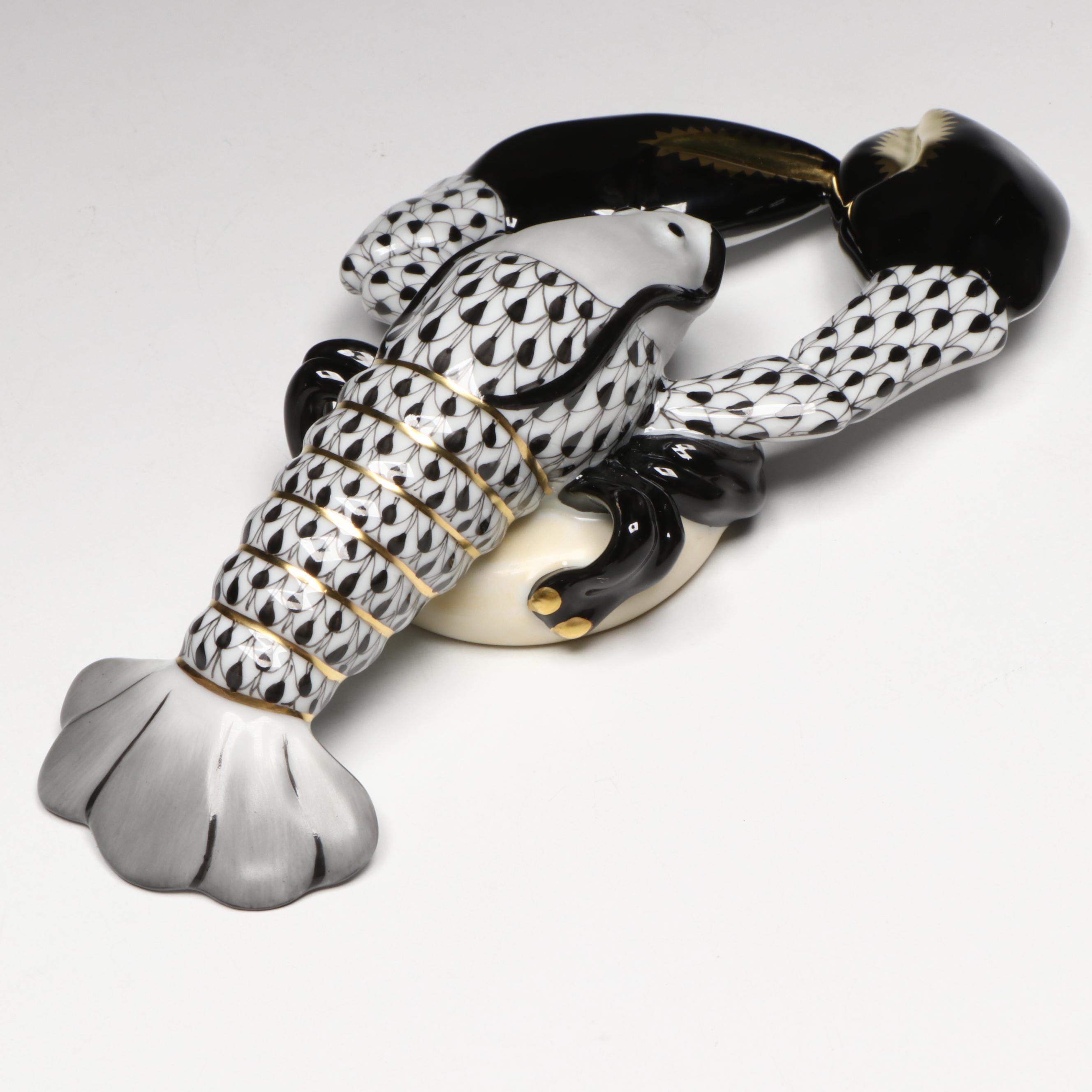 Herend Black Fishnet with Gold "Small Lobster" Porcelain Figurine