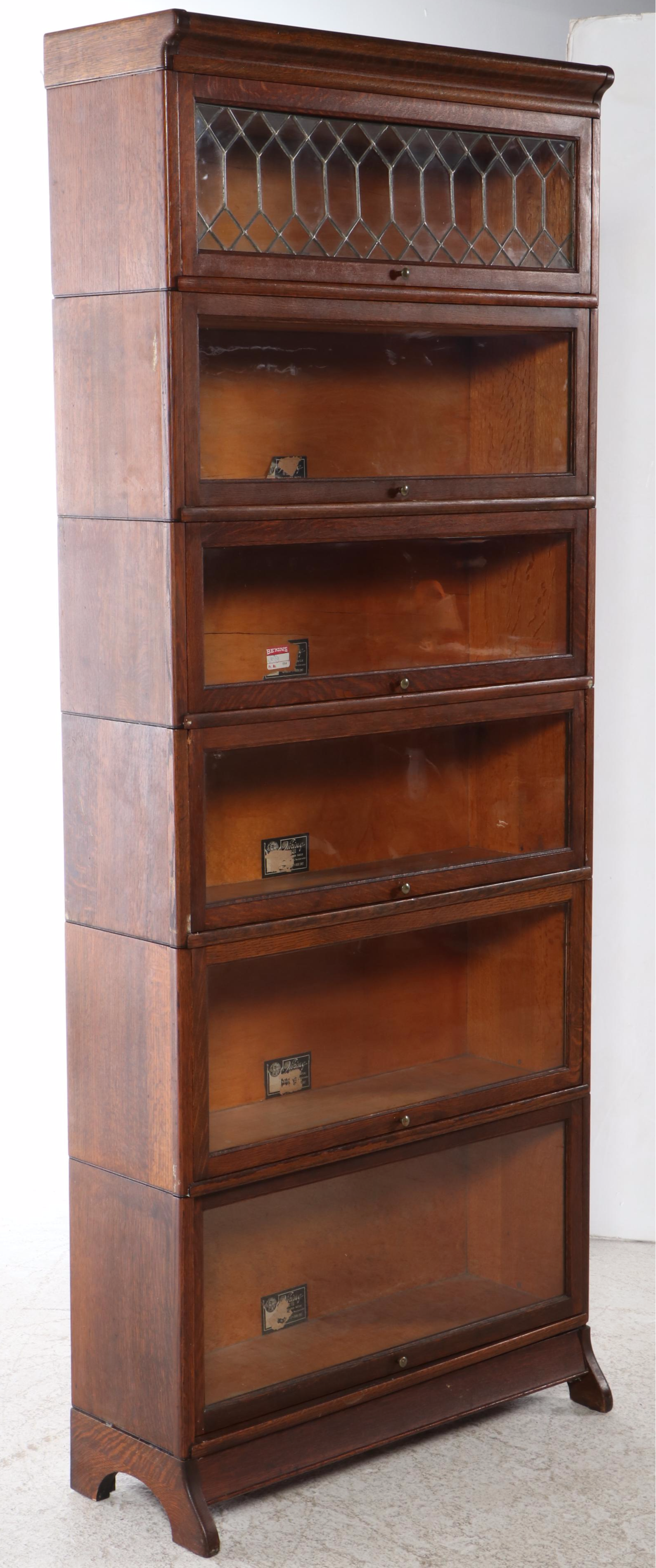 Viking Six-Tier Barrister's Bookcase in Golden Oak with Leaded Glass