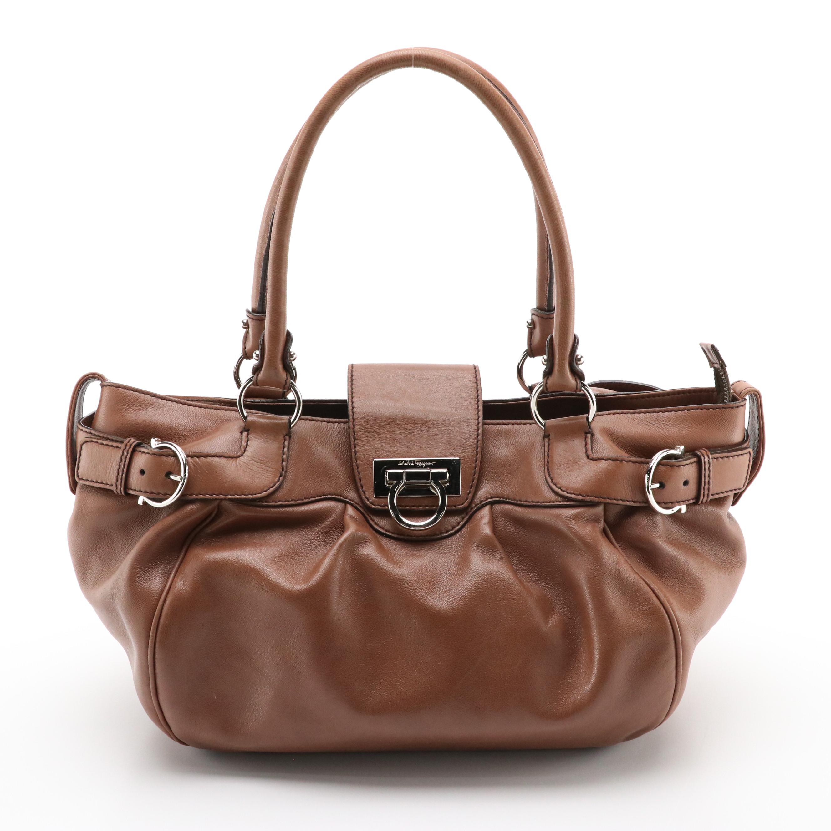 Salvatore Ferragamo Gancini Shoulder Bag in Mocha Brown Leather