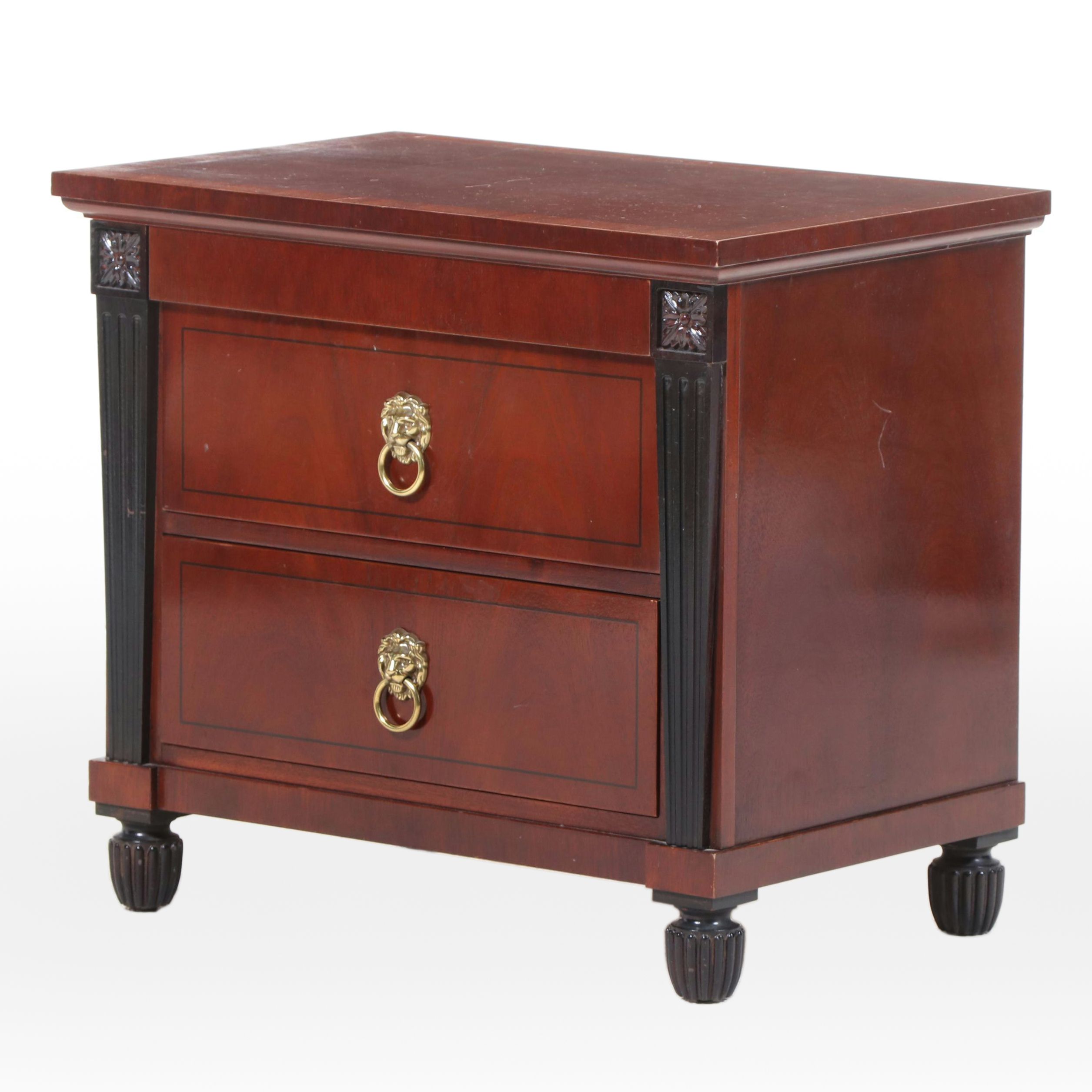 Baker Regency Style Mahogany, Ebonized, & Crossbanded Three-Drawer Bedside Chest