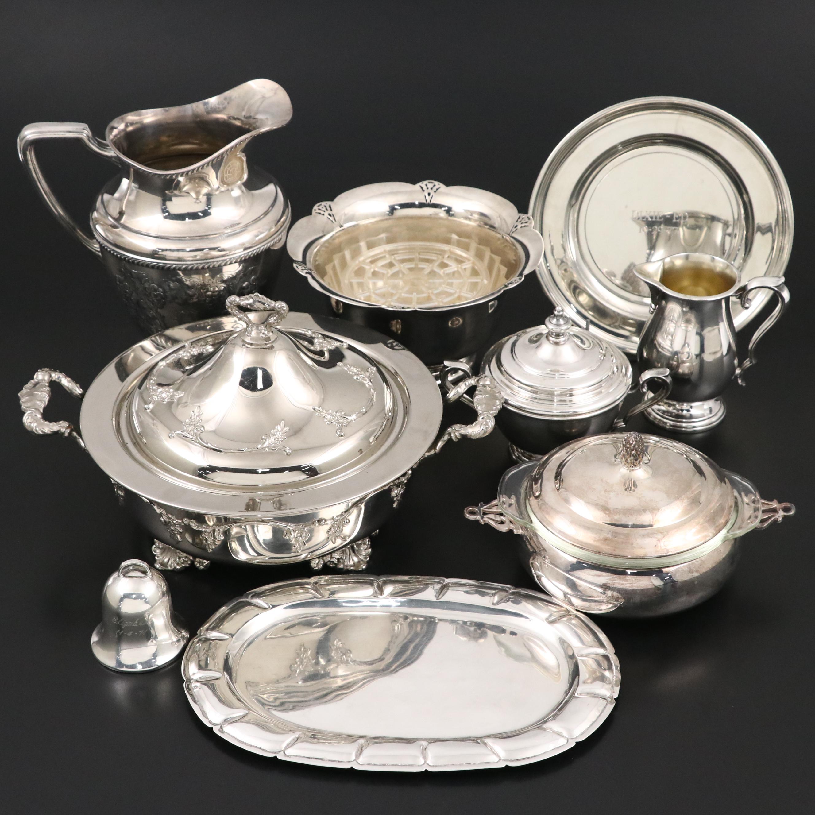 International Silver, Rogers and Other Serveware with Sterling Silver Bell