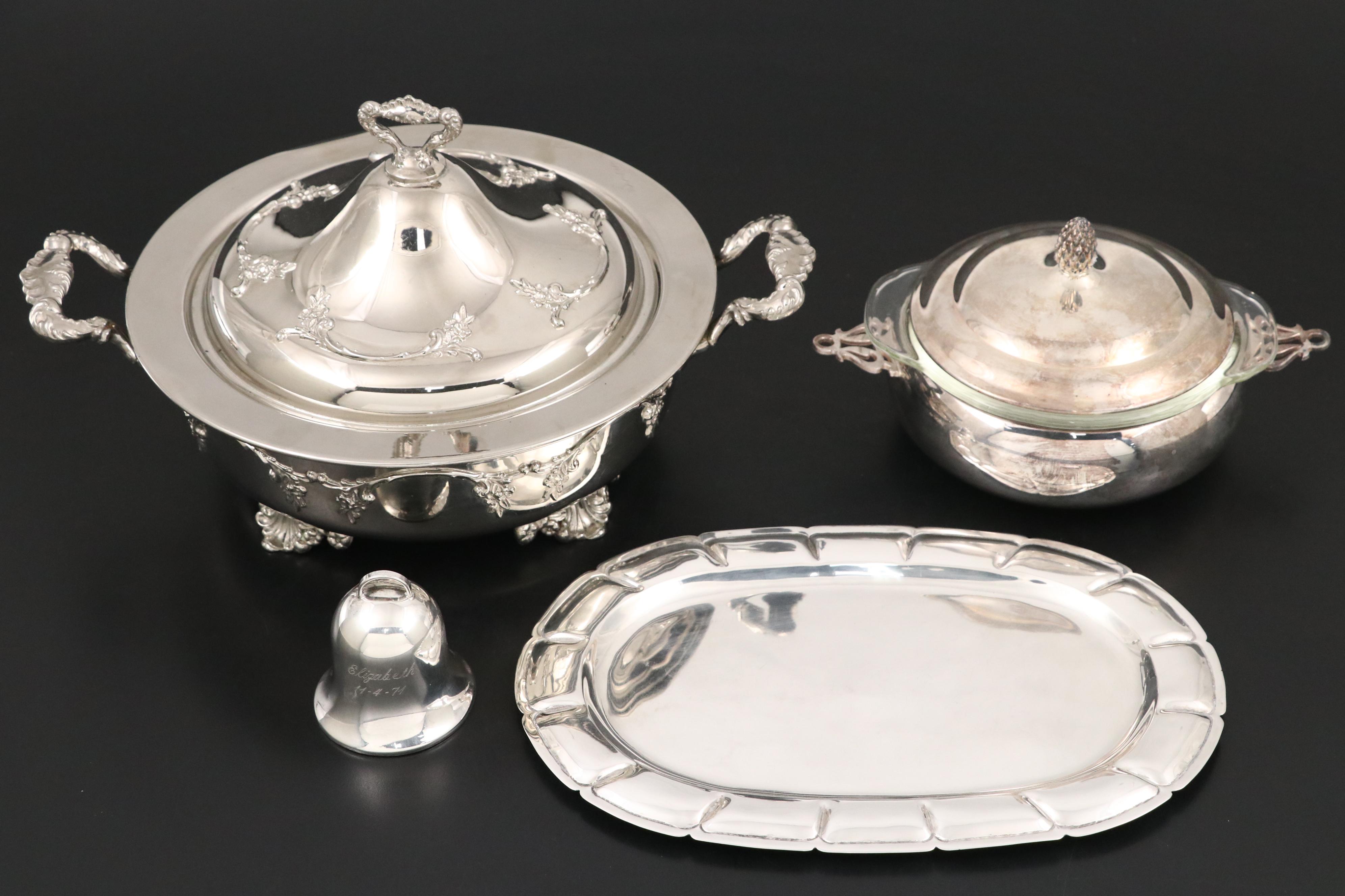 International Silver, Rogers and Other Serveware with Sterling Silver Bell