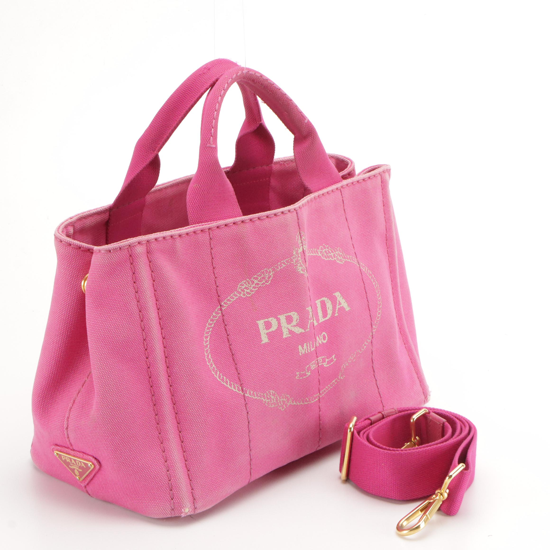 Prada Two-Way Small Tote B2439G in Fuchsia Logo Print Canapa Canvas
