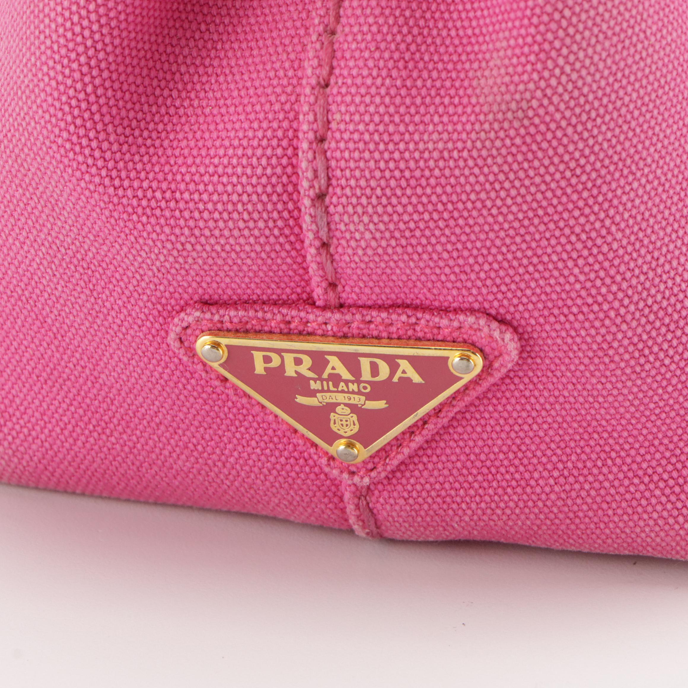 Prada Two-Way Small Tote B2439G in Fuchsia Logo Print Canapa Canvas