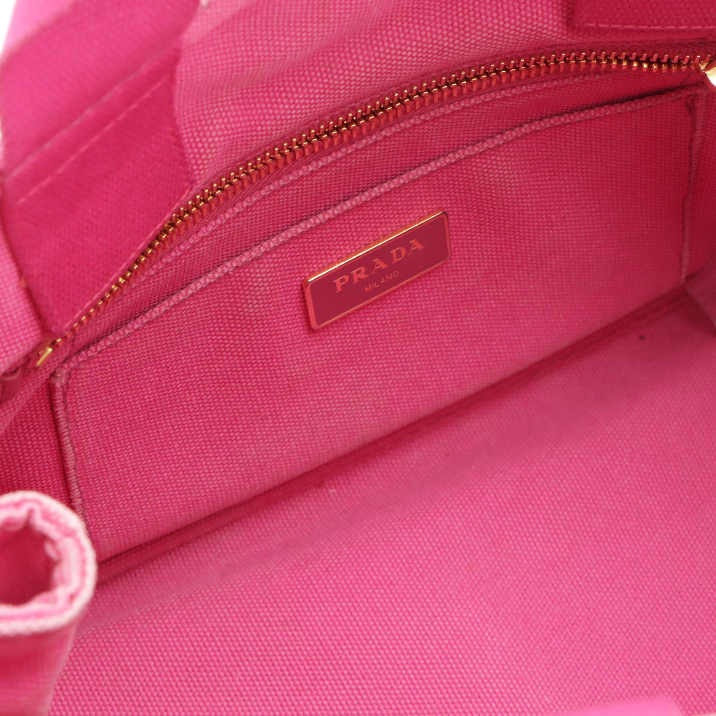 Prada Two-Way Small Tote B2439G in Fuchsia Logo Print Canapa Canvas