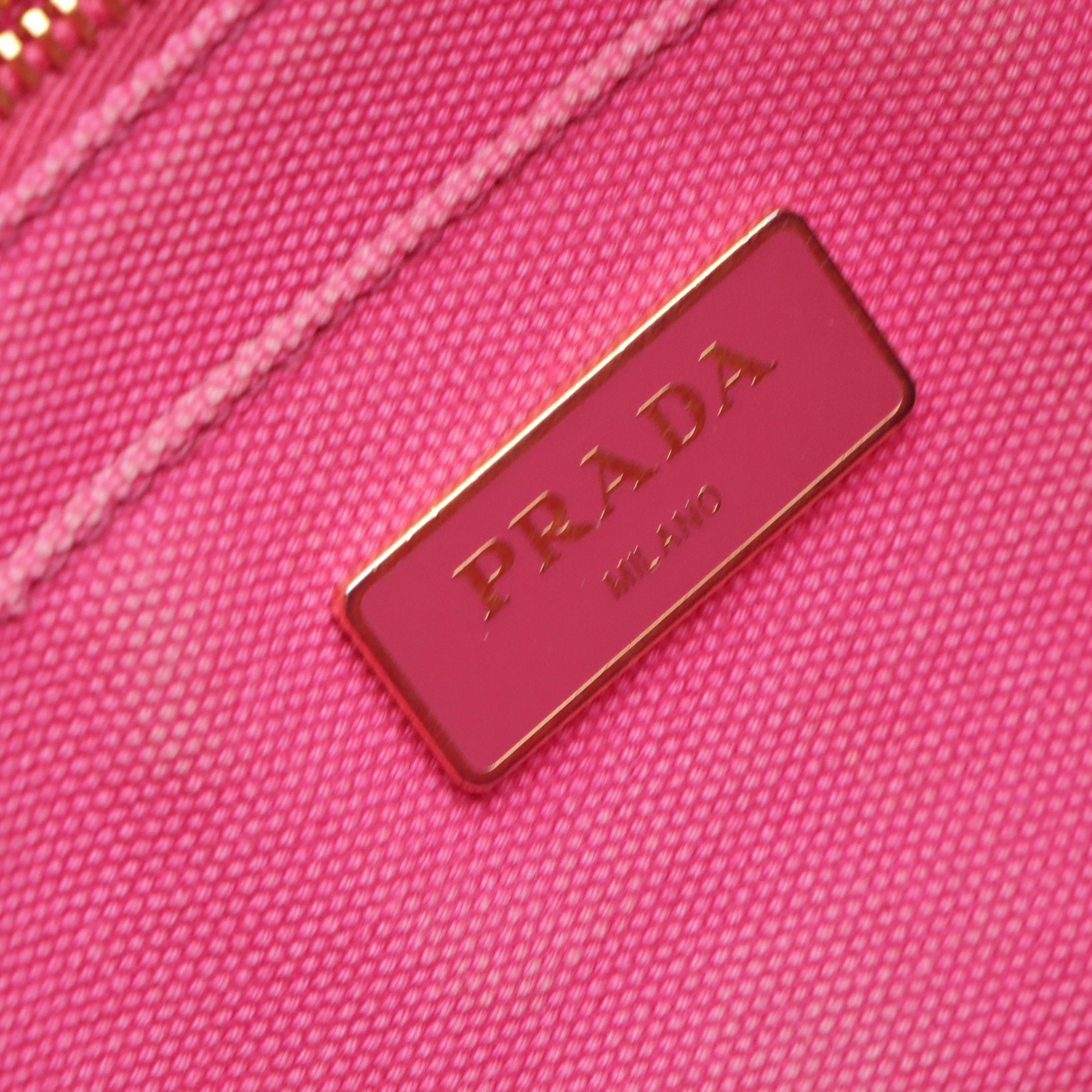 Prada Two-Way Small Tote B2439G in Fuchsia Logo Print Canapa Canvas