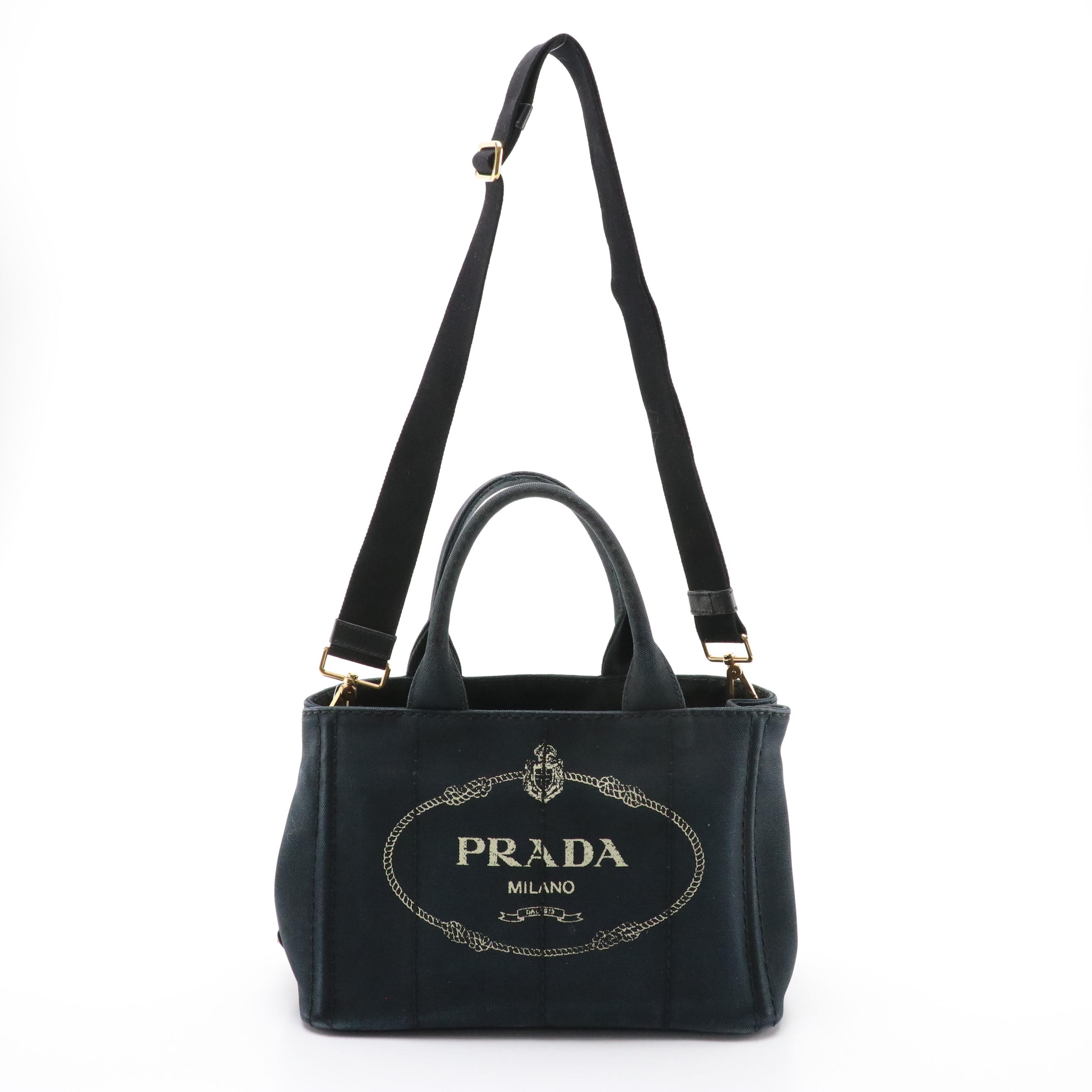 Prada Two-Way Tote in Logo Print Canapa Canvas