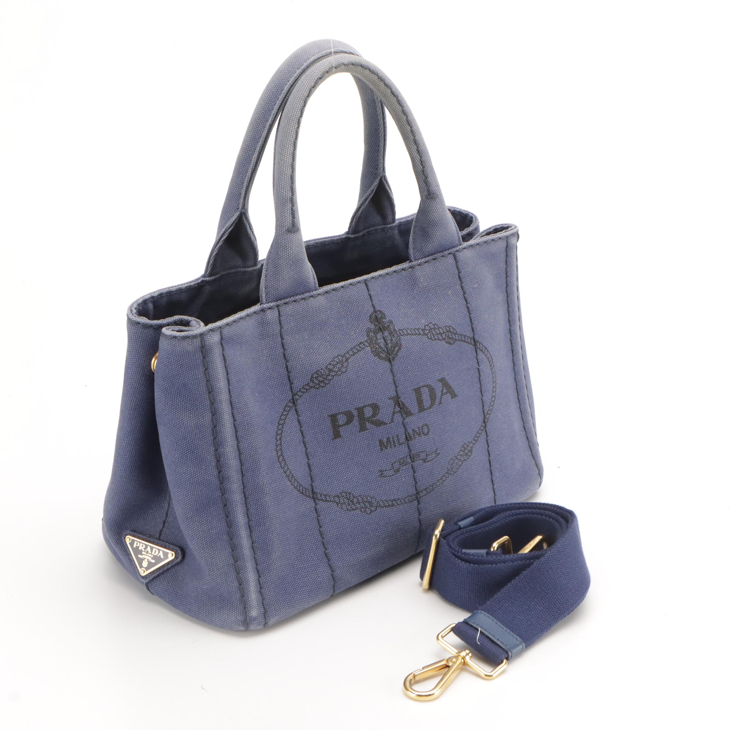 Prada Two-Way Shopping Tote 1BG439 in Logo Print Bluette Canapa Canvas