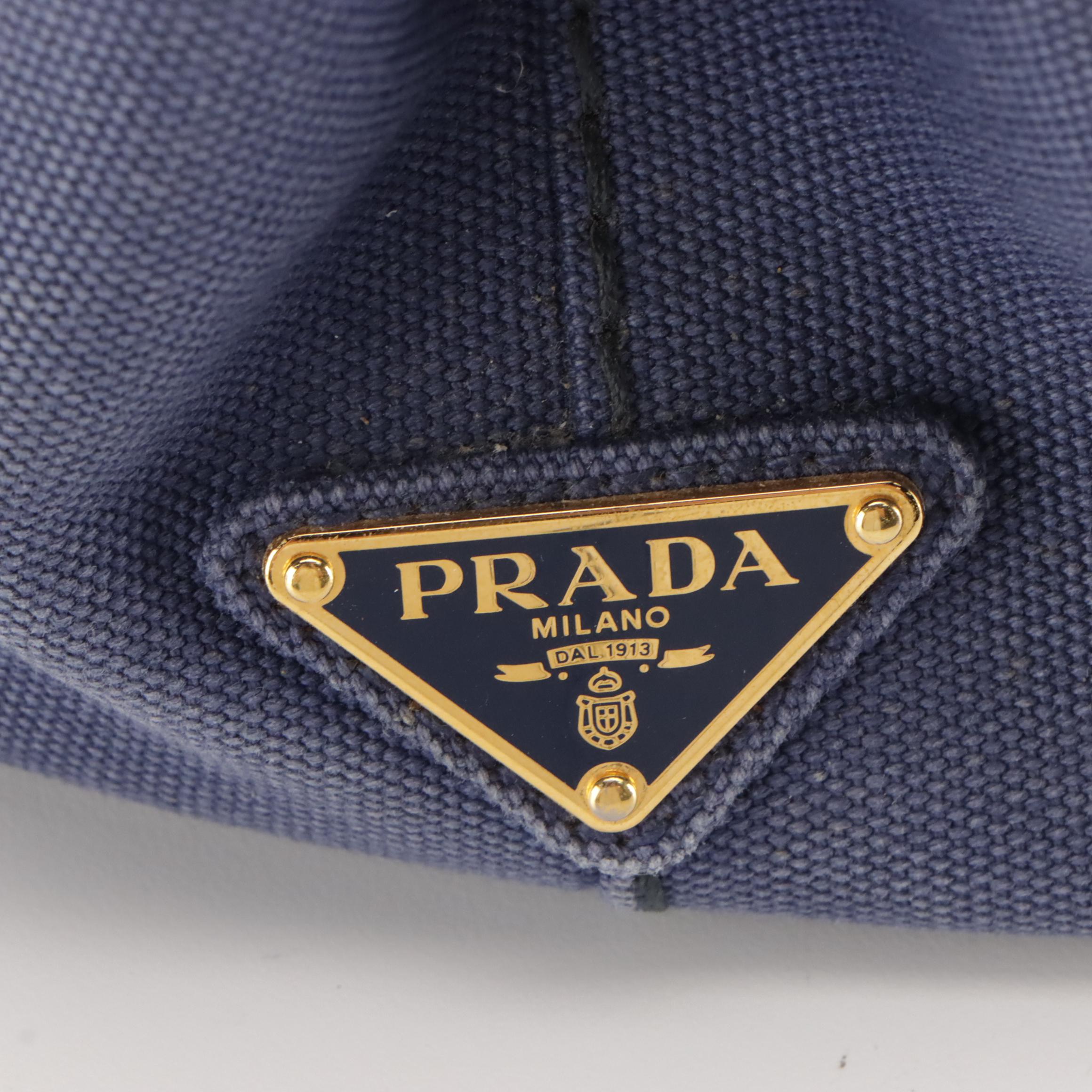 Prada Two-Way Shopping Tote 1BG439 in Logo Print Bluette Canapa Canvas