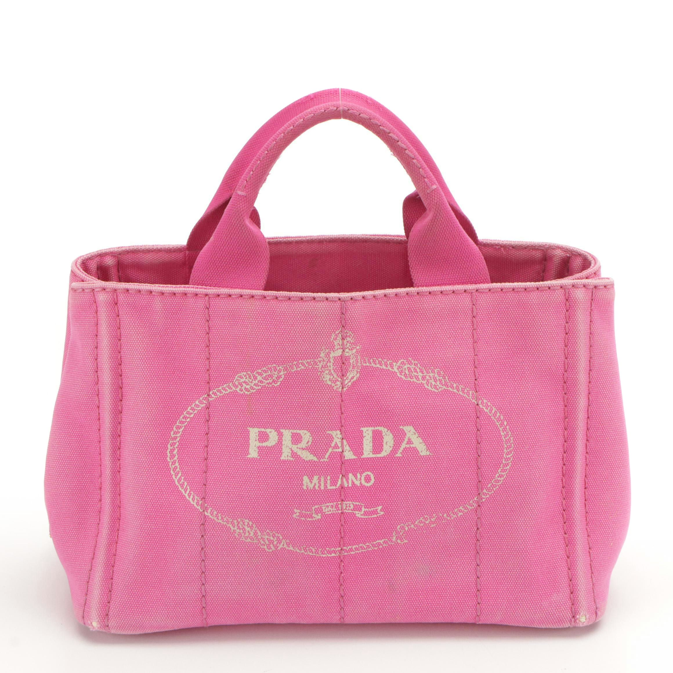 Prada Two-Way Small Tote B2439G in Fuchsia Logo Print Canapa Canvas