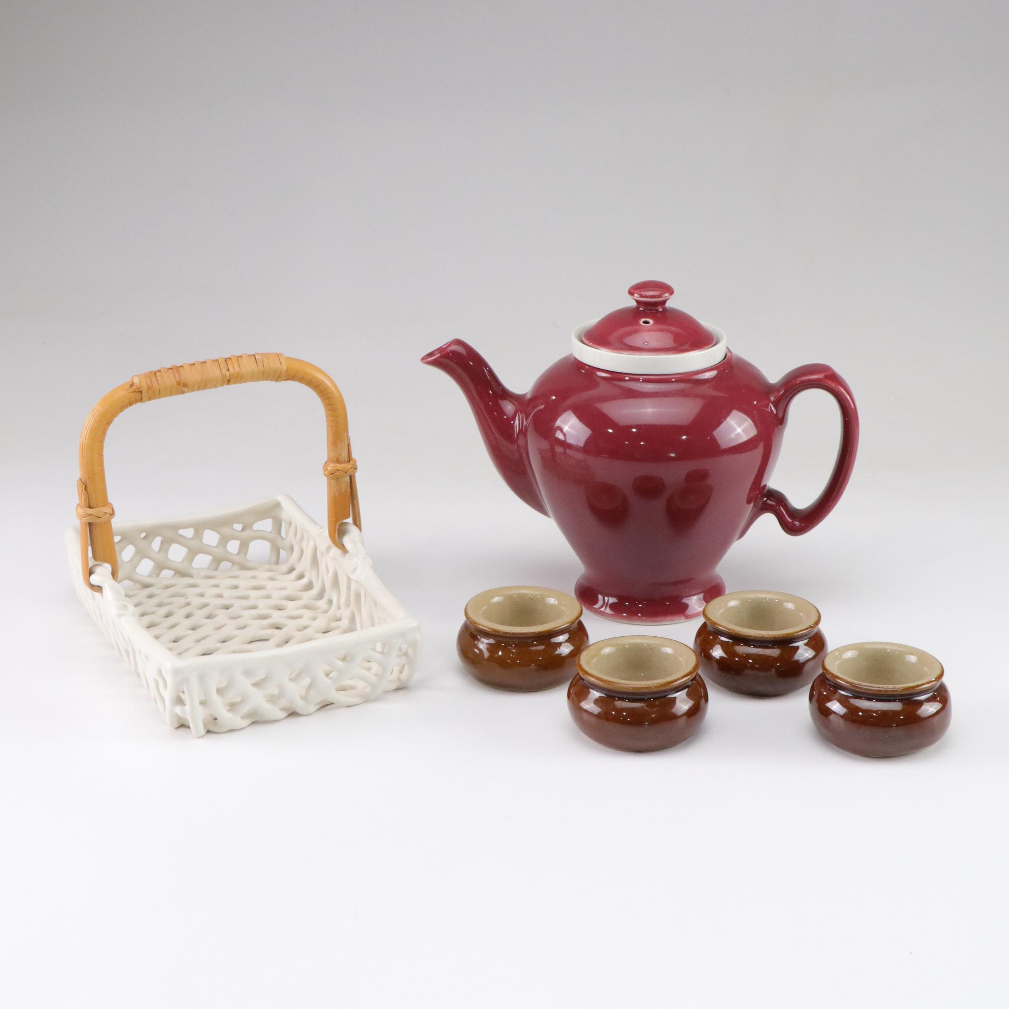 McCormick Teapot and Straining Liner with Molded Ceramic Basket of Butter Pots