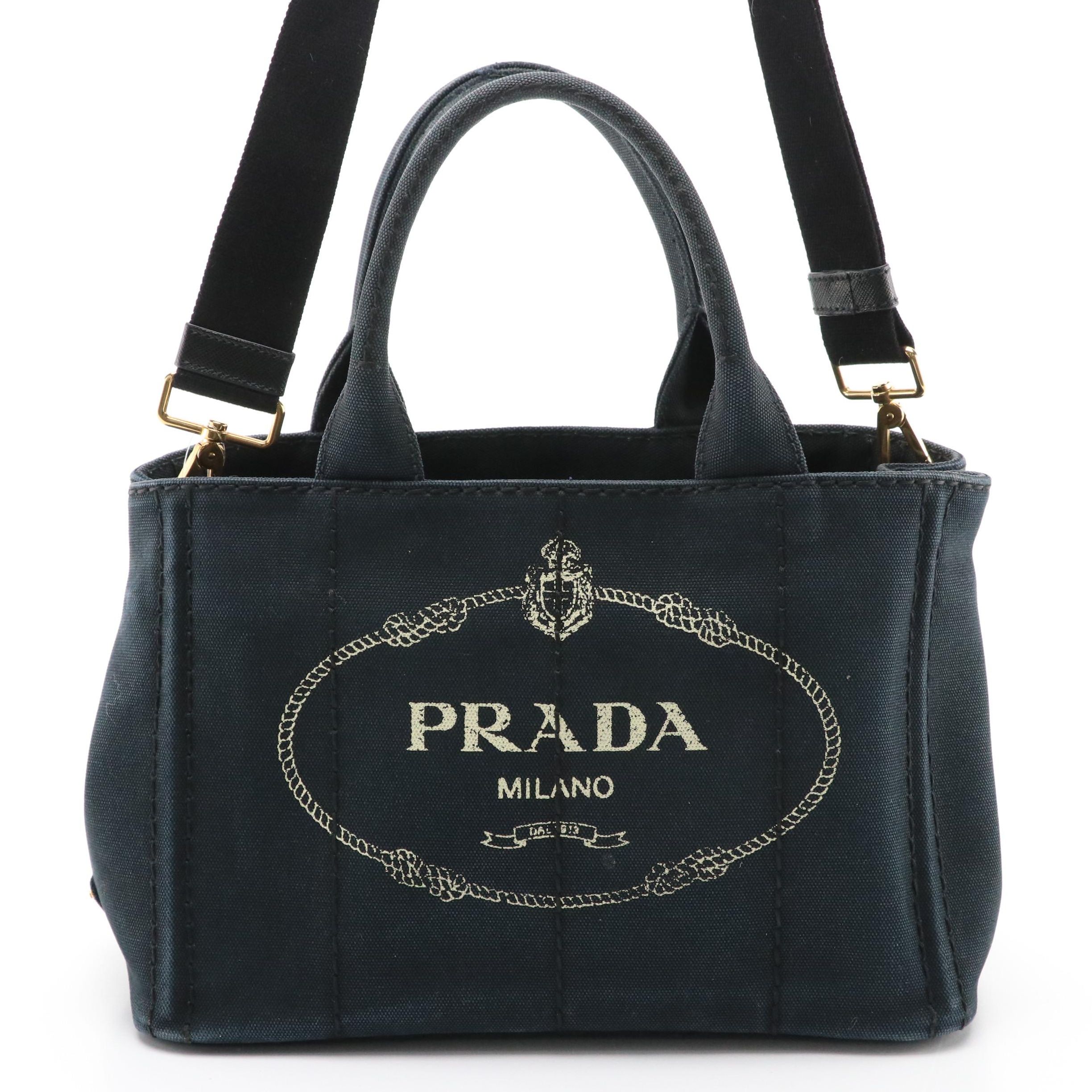 Prada Two-Way Tote in Logo Print Canapa Canvas