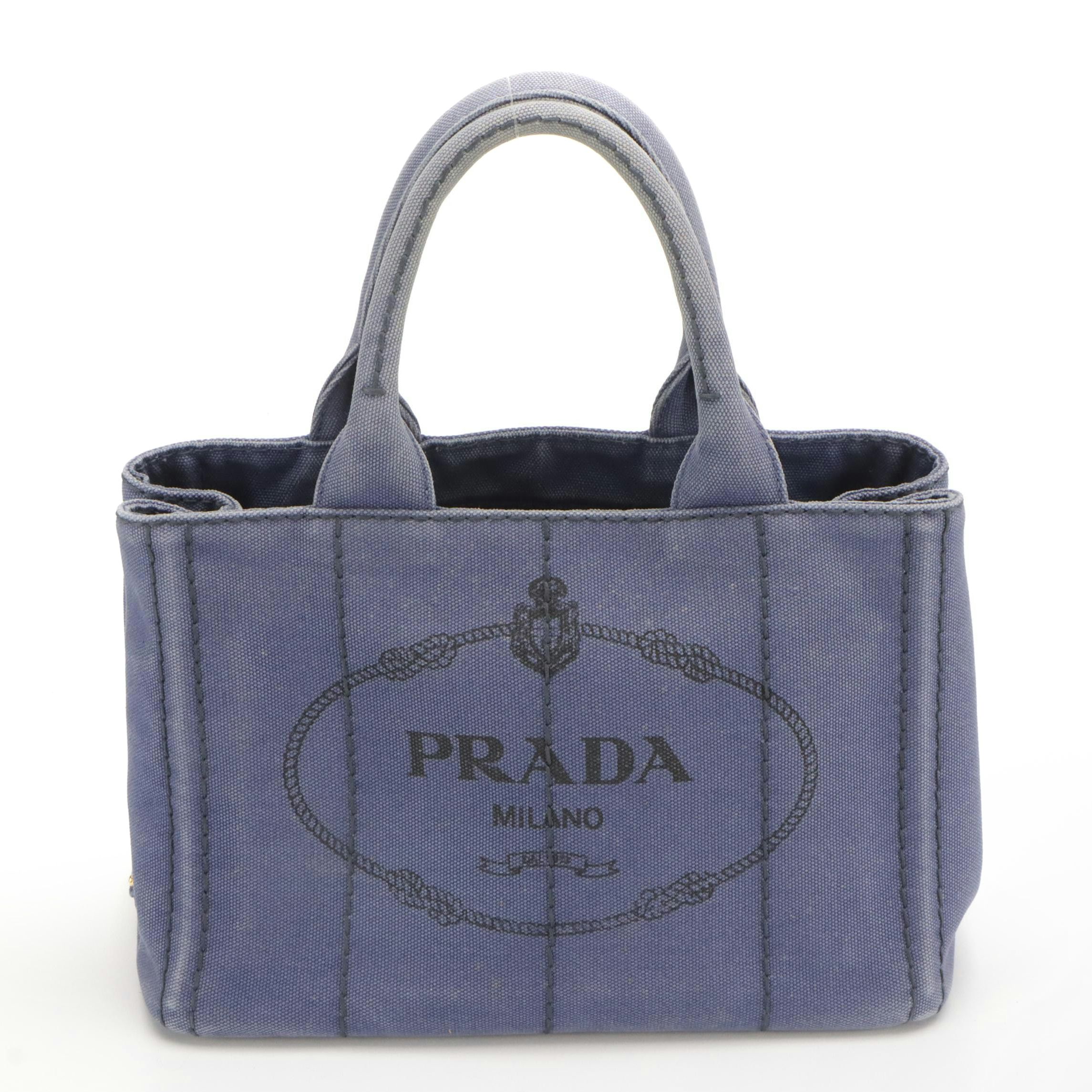 Prada Two-Way Shopping Tote 1BG439 in Logo Print Bluette Canapa Canvas