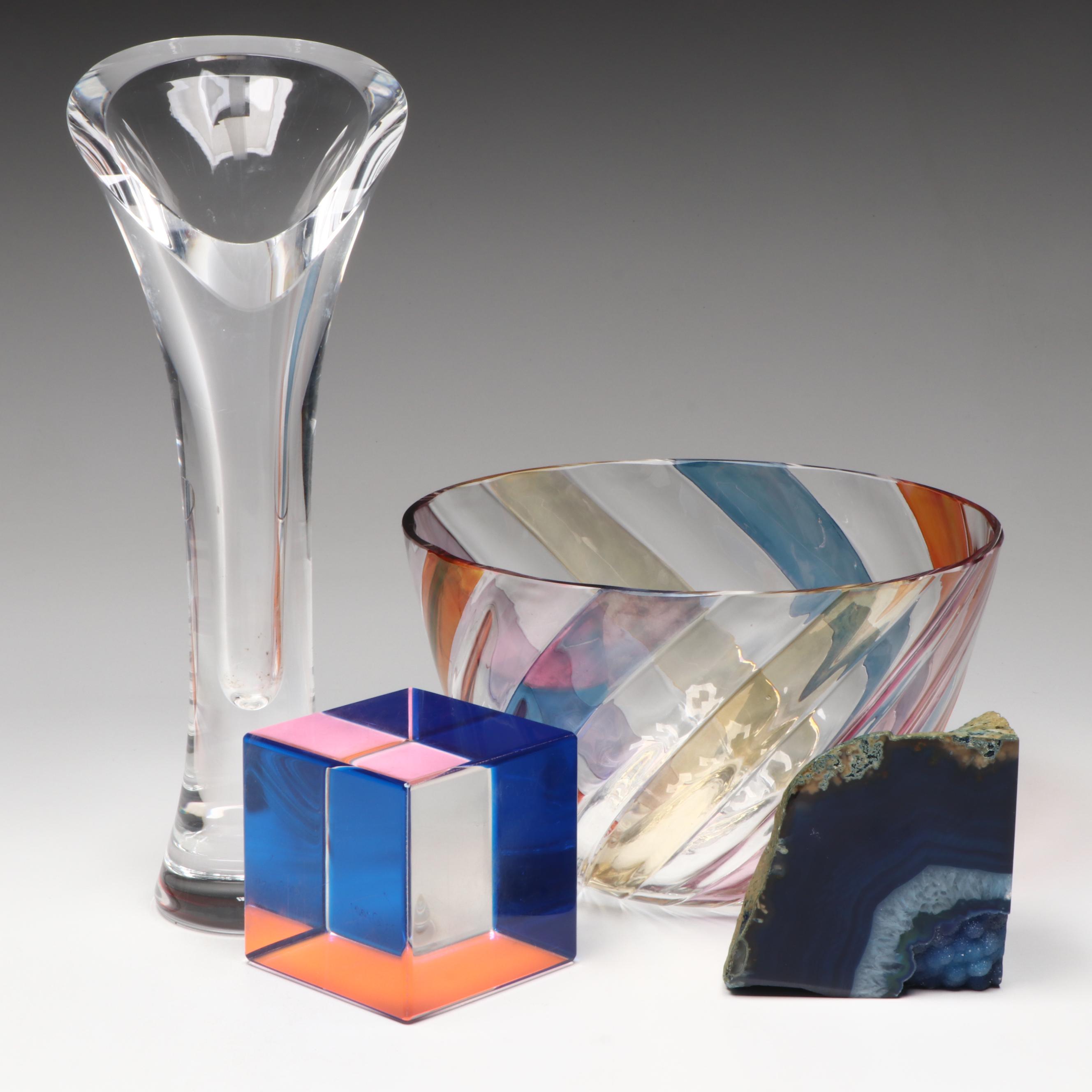 Hoya Crystal Vase, Glass Bowl, Artist Signed Resin Paperweight, and Agate Geode