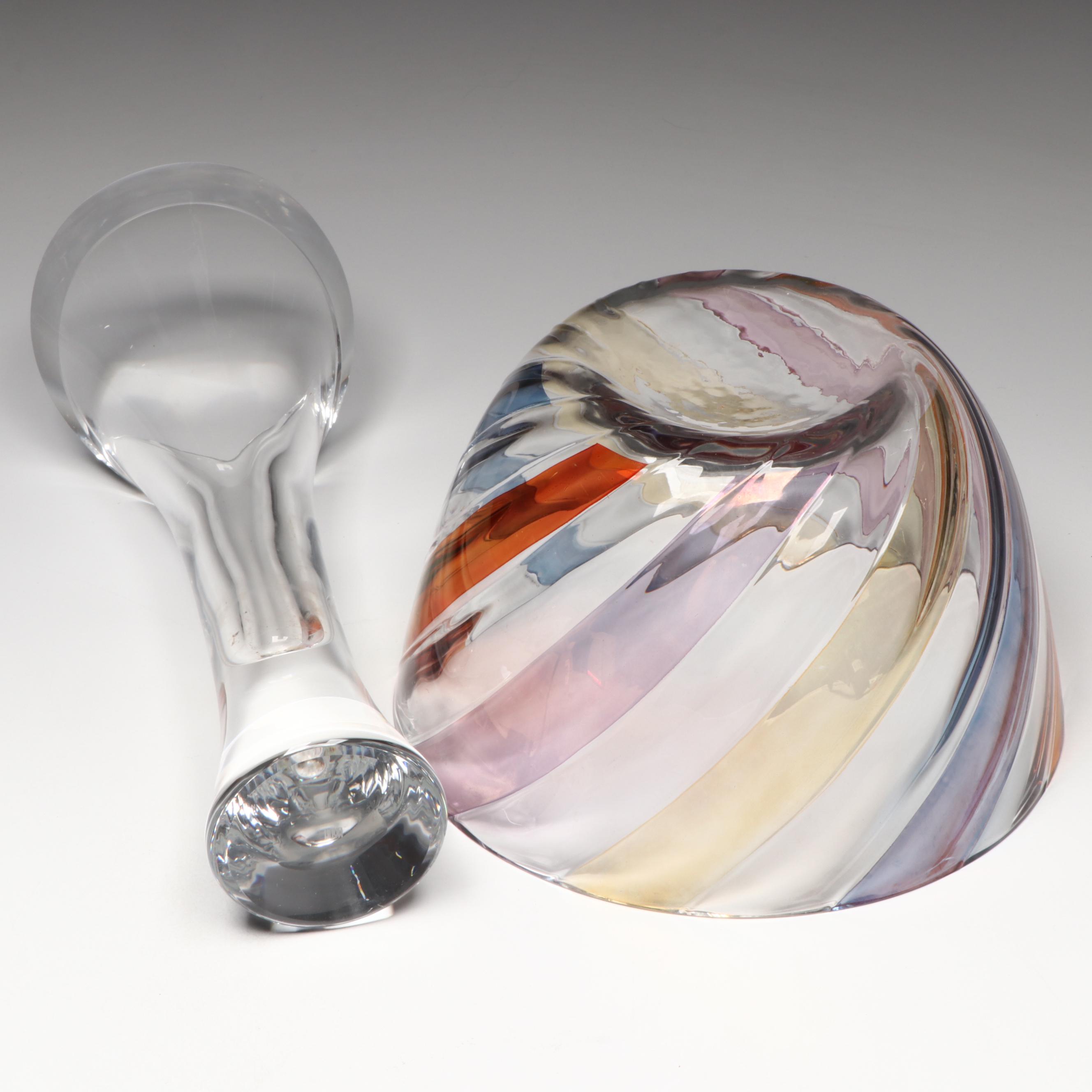 Hoya Crystal Vase, Glass Bowl, Artist Signed Resin Paperweight, and Agate Geode