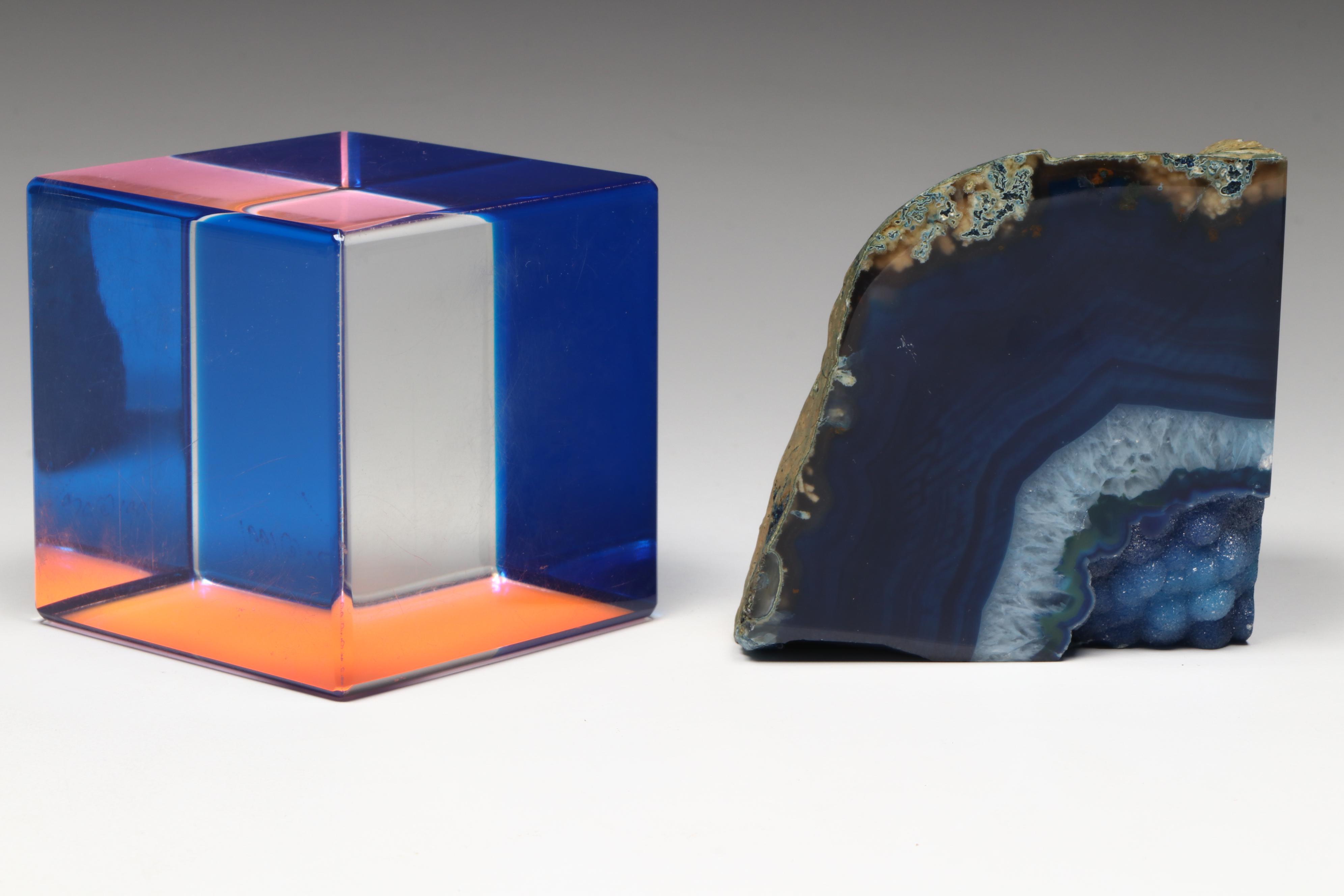 Hoya Crystal Vase, Glass Bowl, Artist Signed Resin Paperweight, and Agate Geode