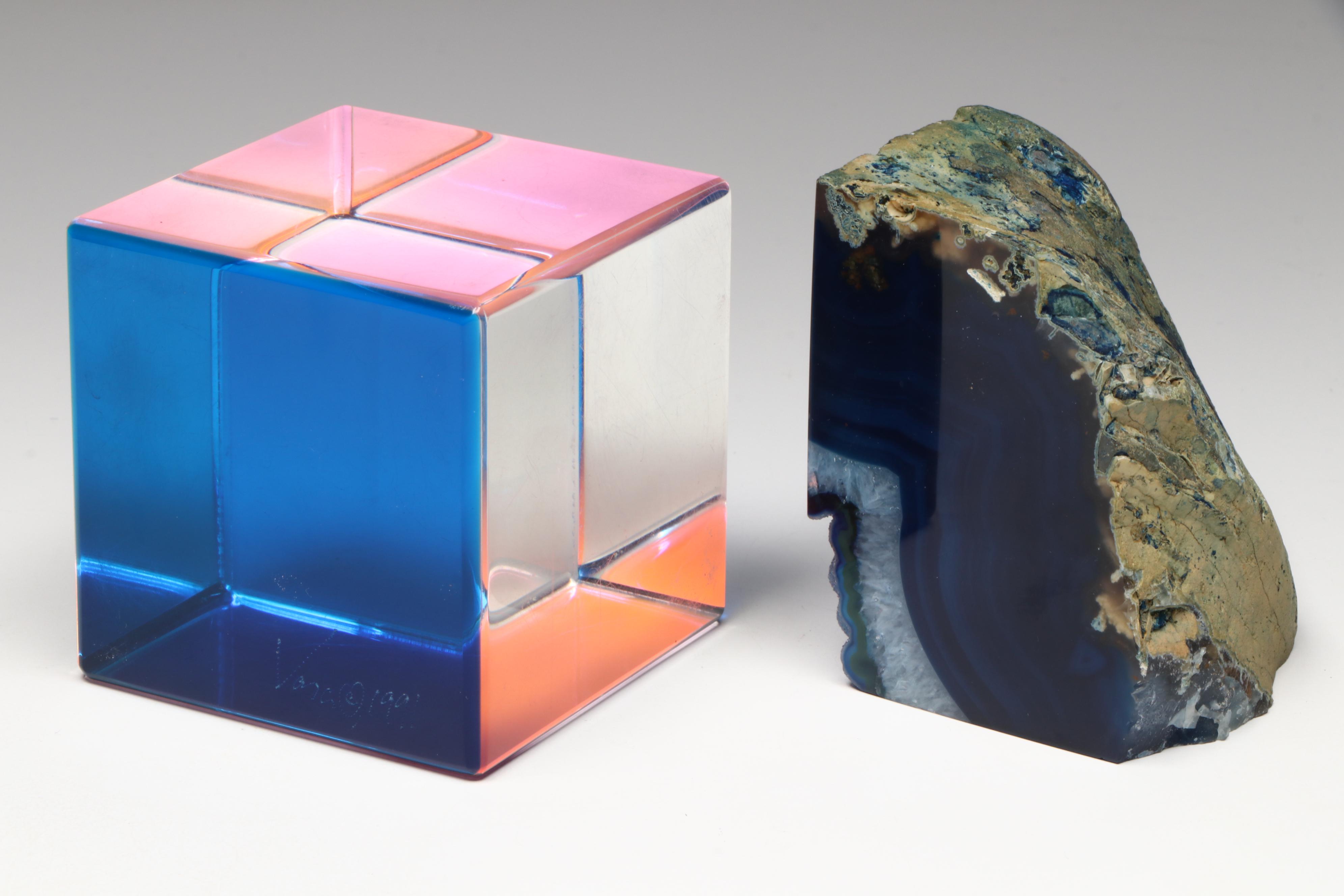 Hoya Crystal Vase, Glass Bowl, Artist Signed Resin Paperweight, and Agate Geode