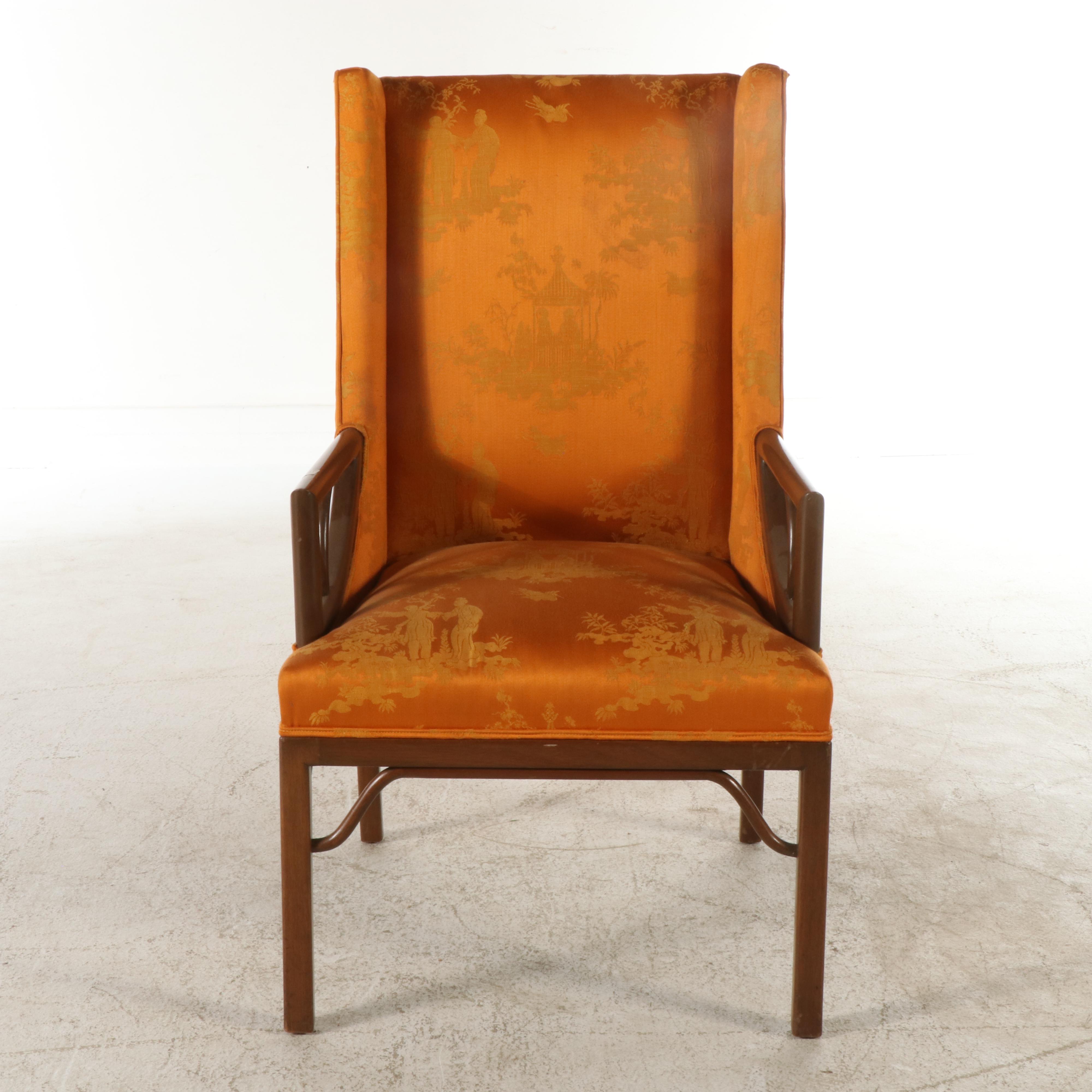 Mahogany and Custom-Upholstered Chinoiserie Wingback Armchair
