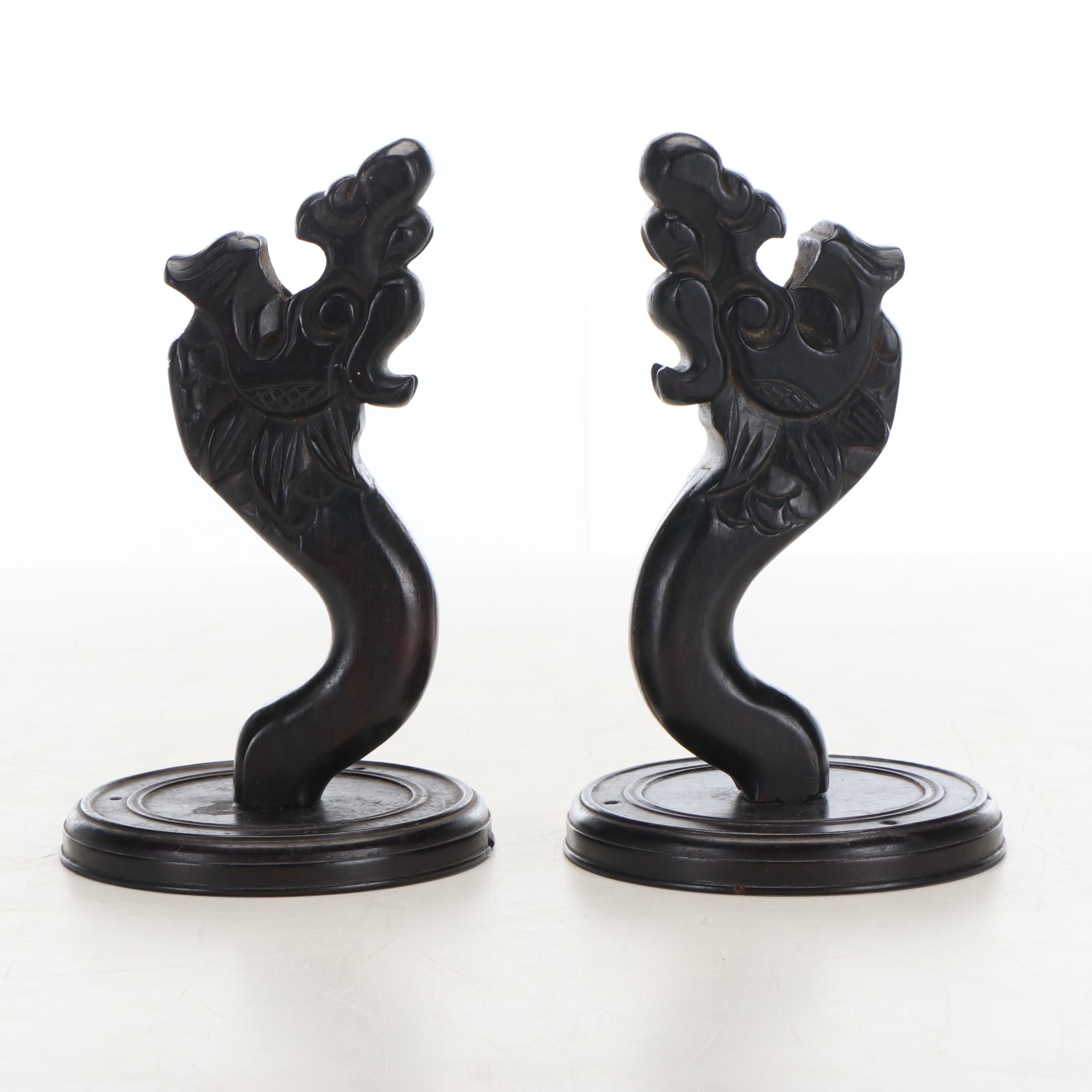 Chinese Rosewood Dragon Lamp with Pair of Carved Dragon Stands