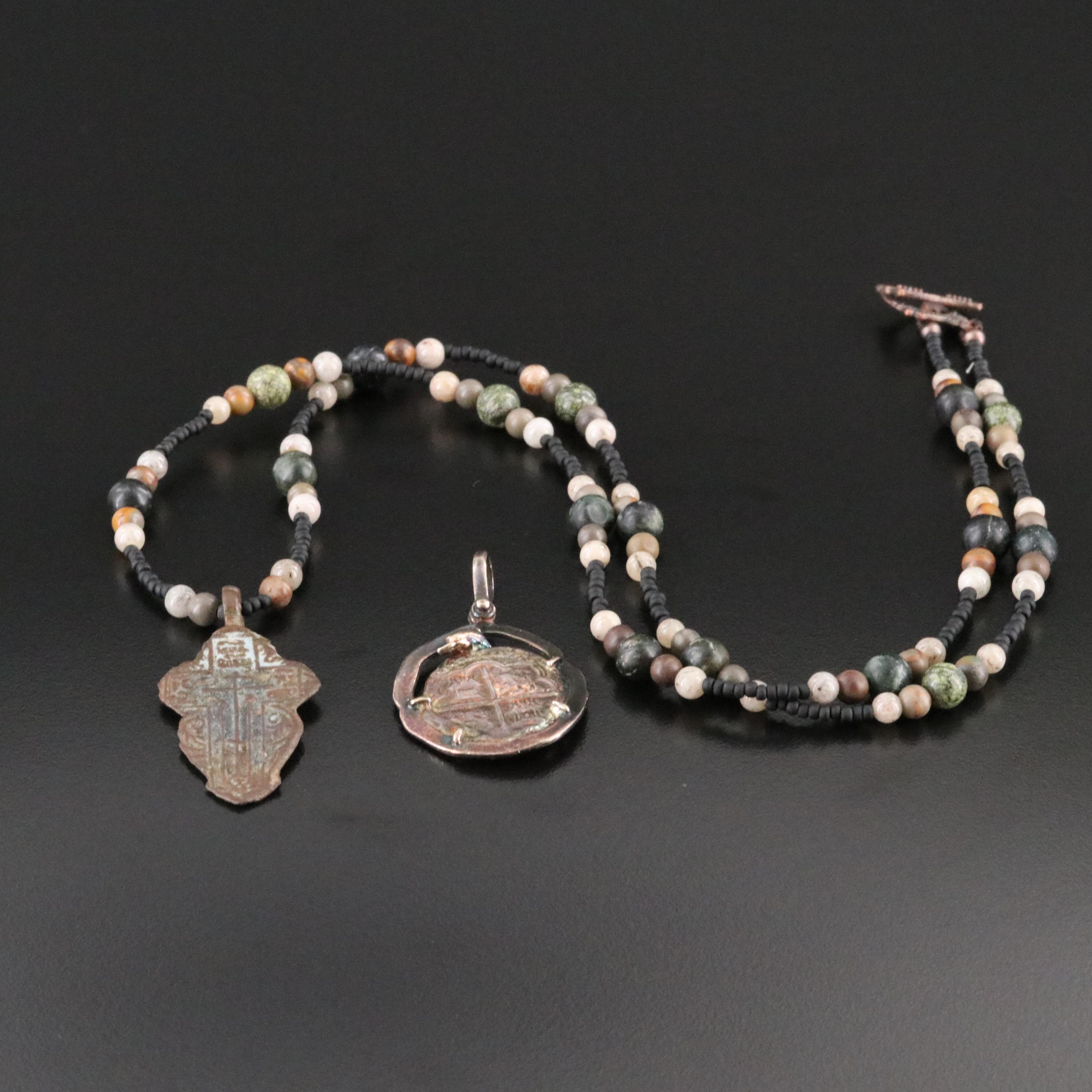 Viking Age Daugava River Bronze Cross Pendant & Atocha "Cob" Real Coin Pendant