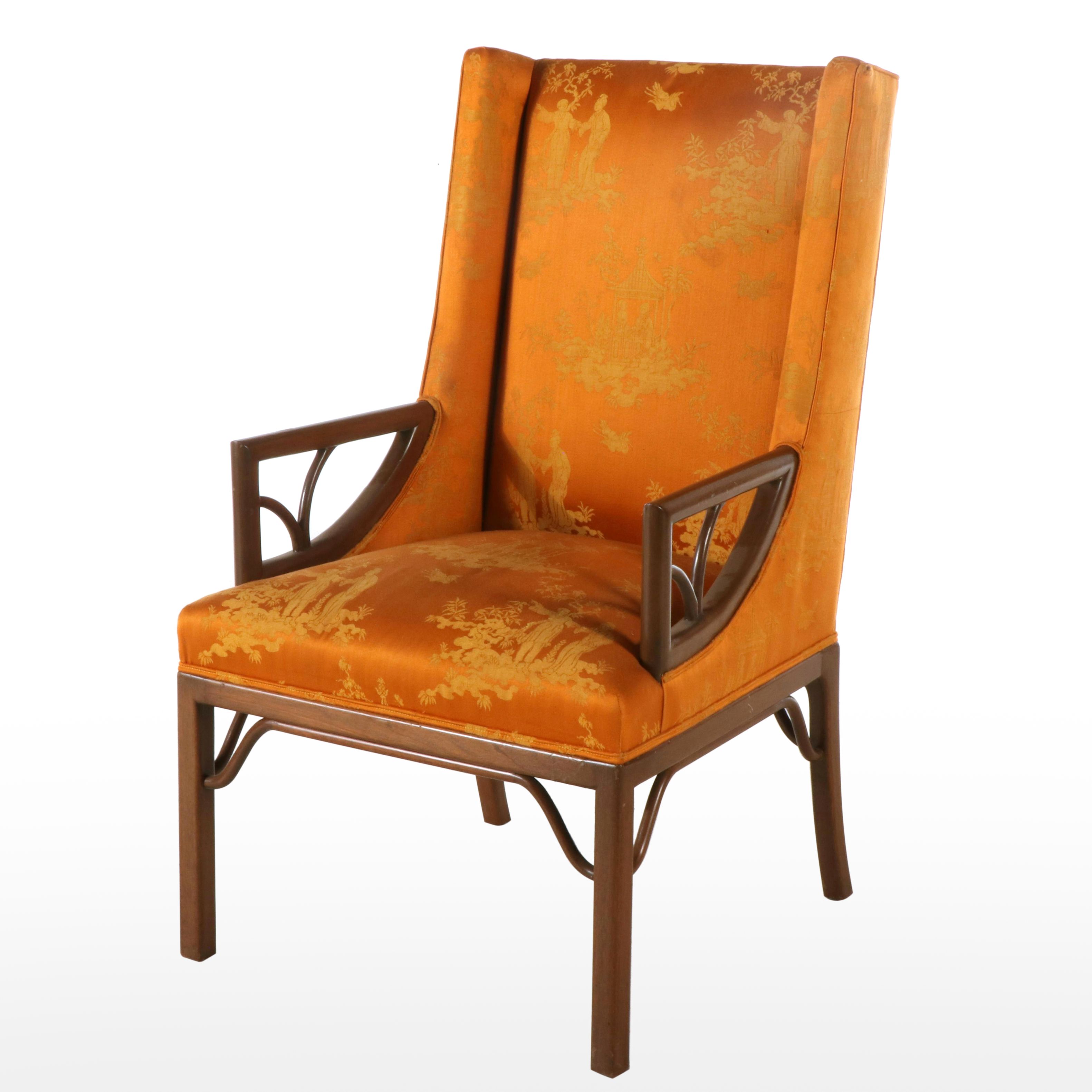 Mahogany and Custom-Upholstered Chinoiserie Wingback Armchair