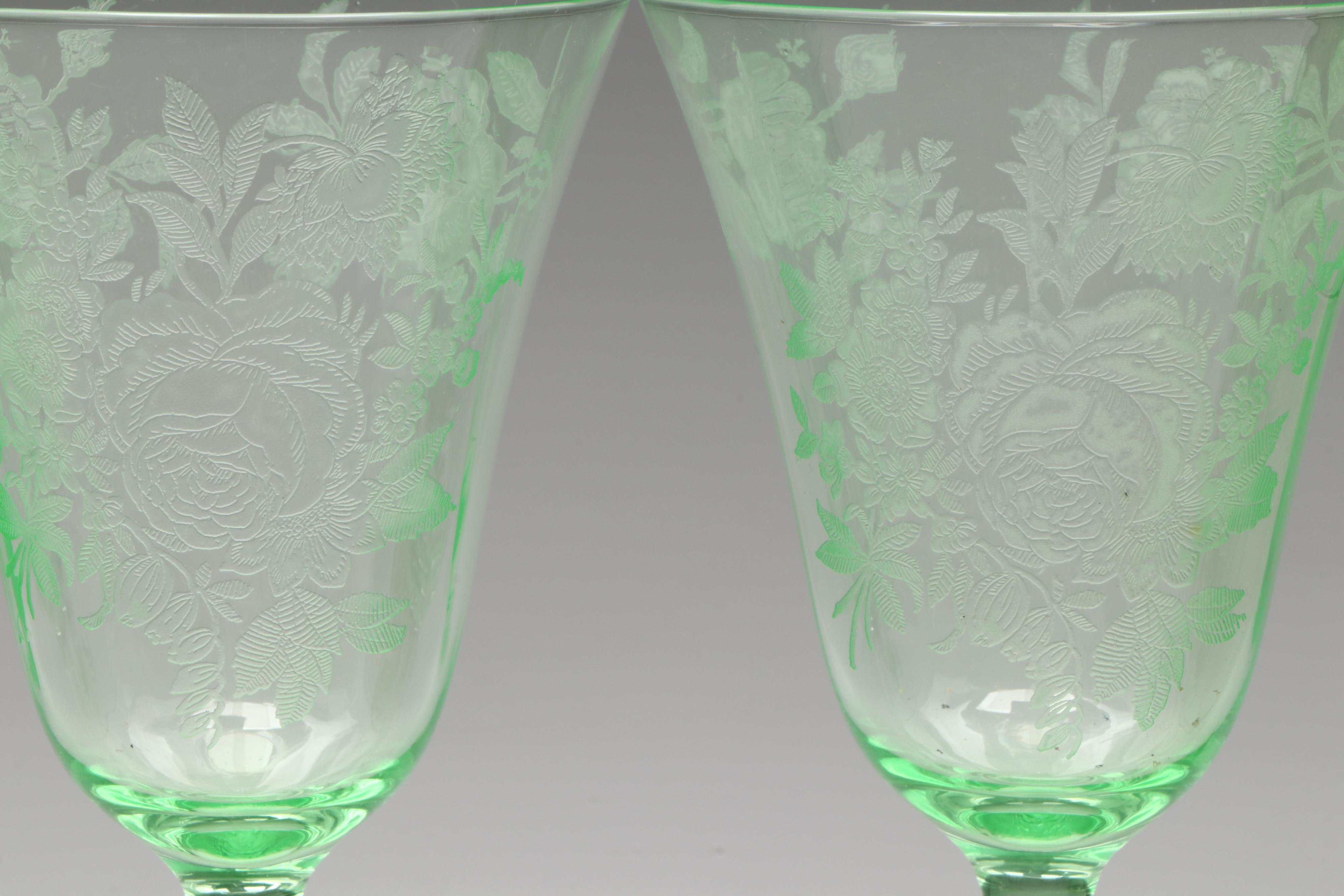 Art Deco Style Needle Etched Goblets with Other Green Glass Tumblers