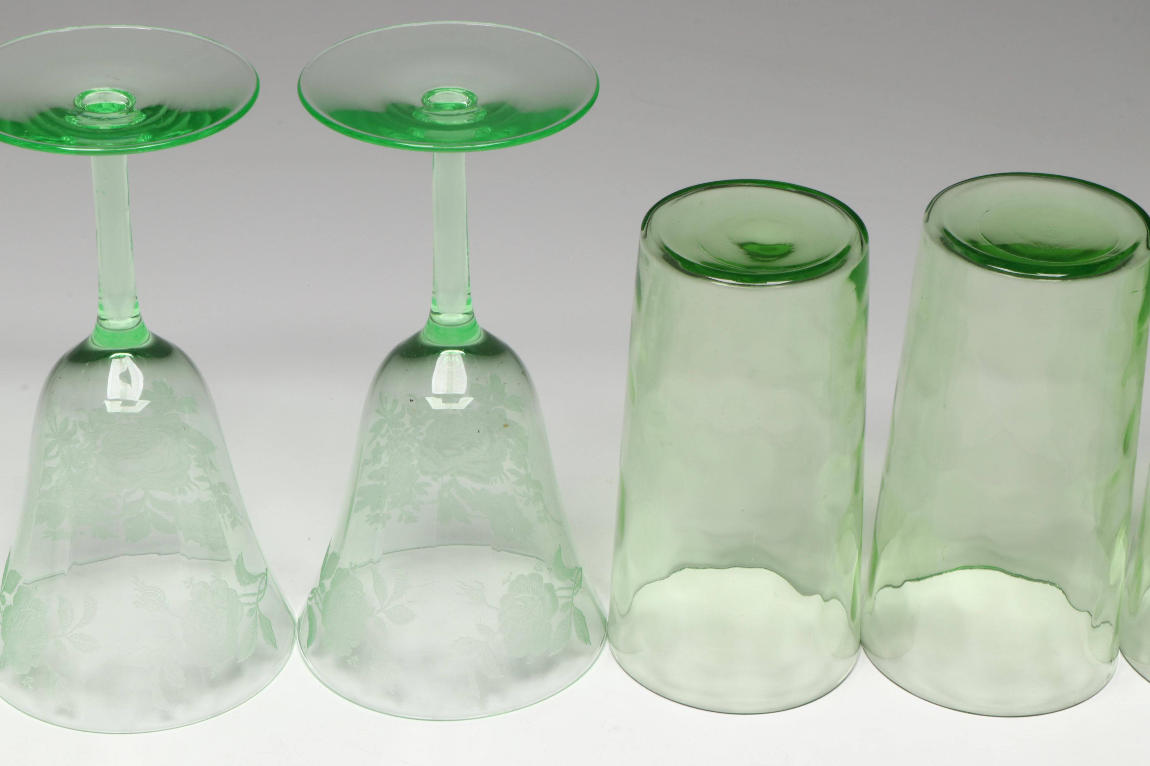 Art Deco Style Needle Etched Goblets with Other Green Glass Tumblers