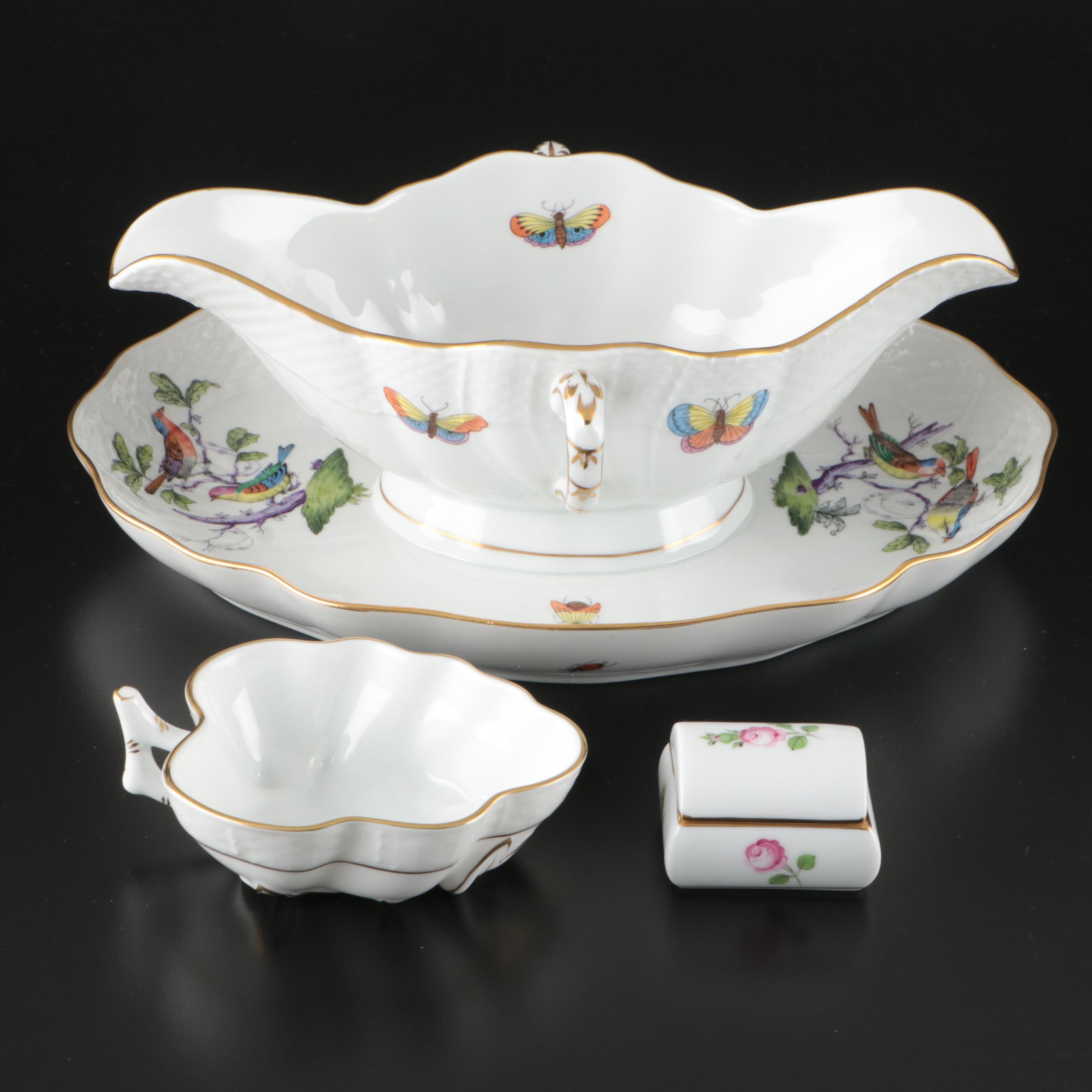 Herend "Rothschild Bird" Gravy Boat with Attachted Underplate and Other Decor