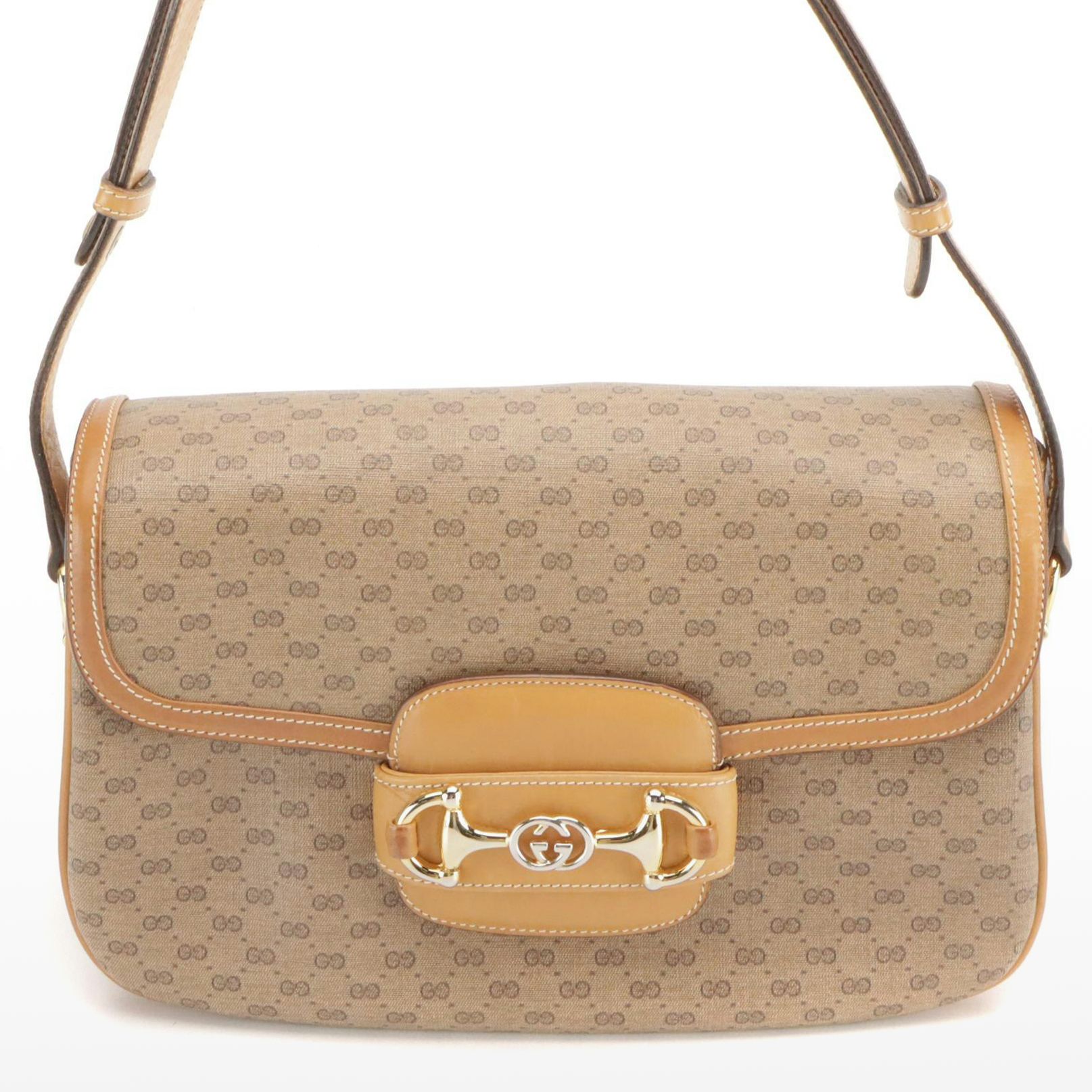 Gucci Horsebit Flap Shoulder Bag in Micro GG Supreme Canvas and Tan Leather