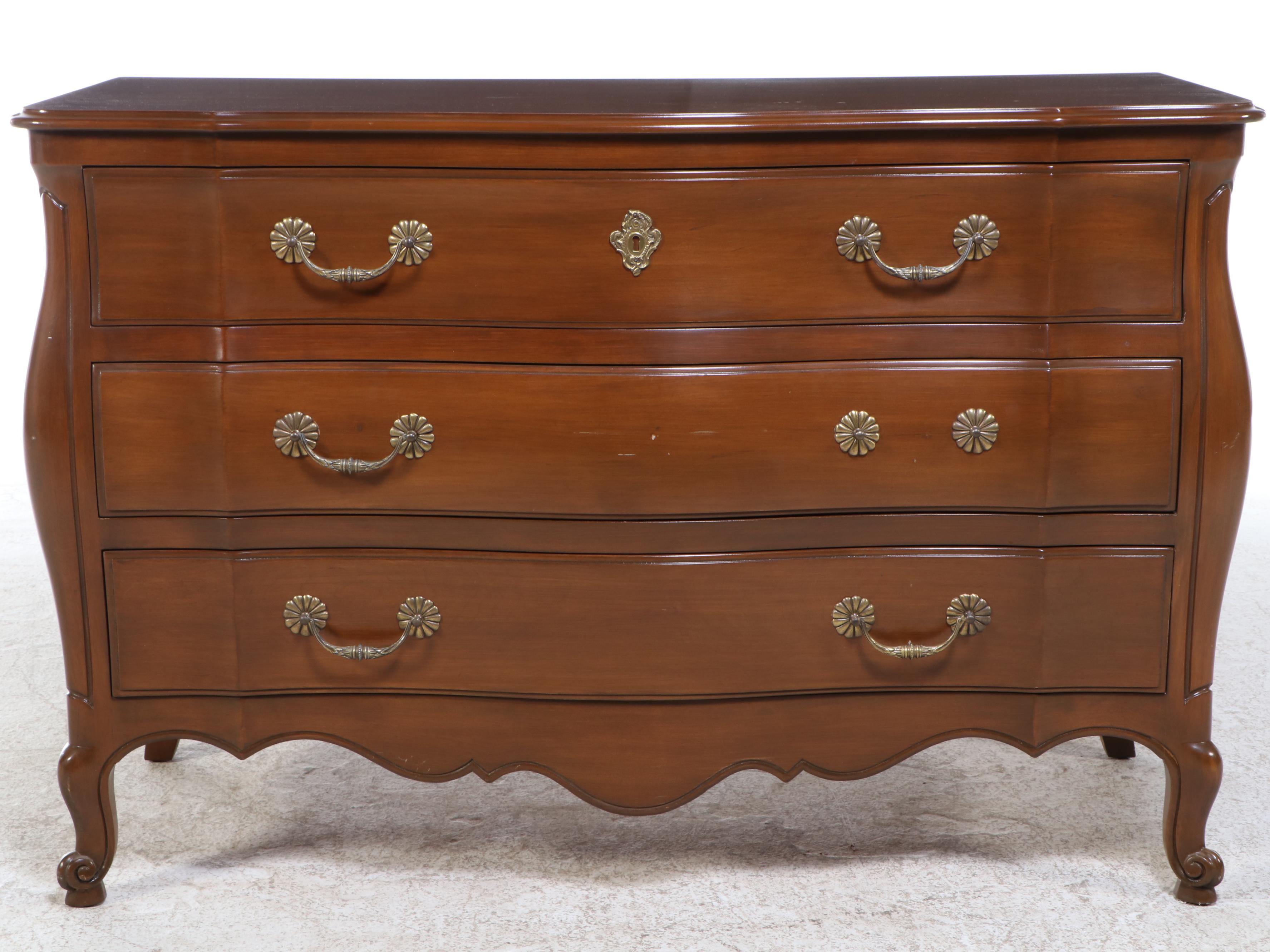 Louis XV Style Walnut-Stained Three-Drawer Bombé Commode, 20th Century