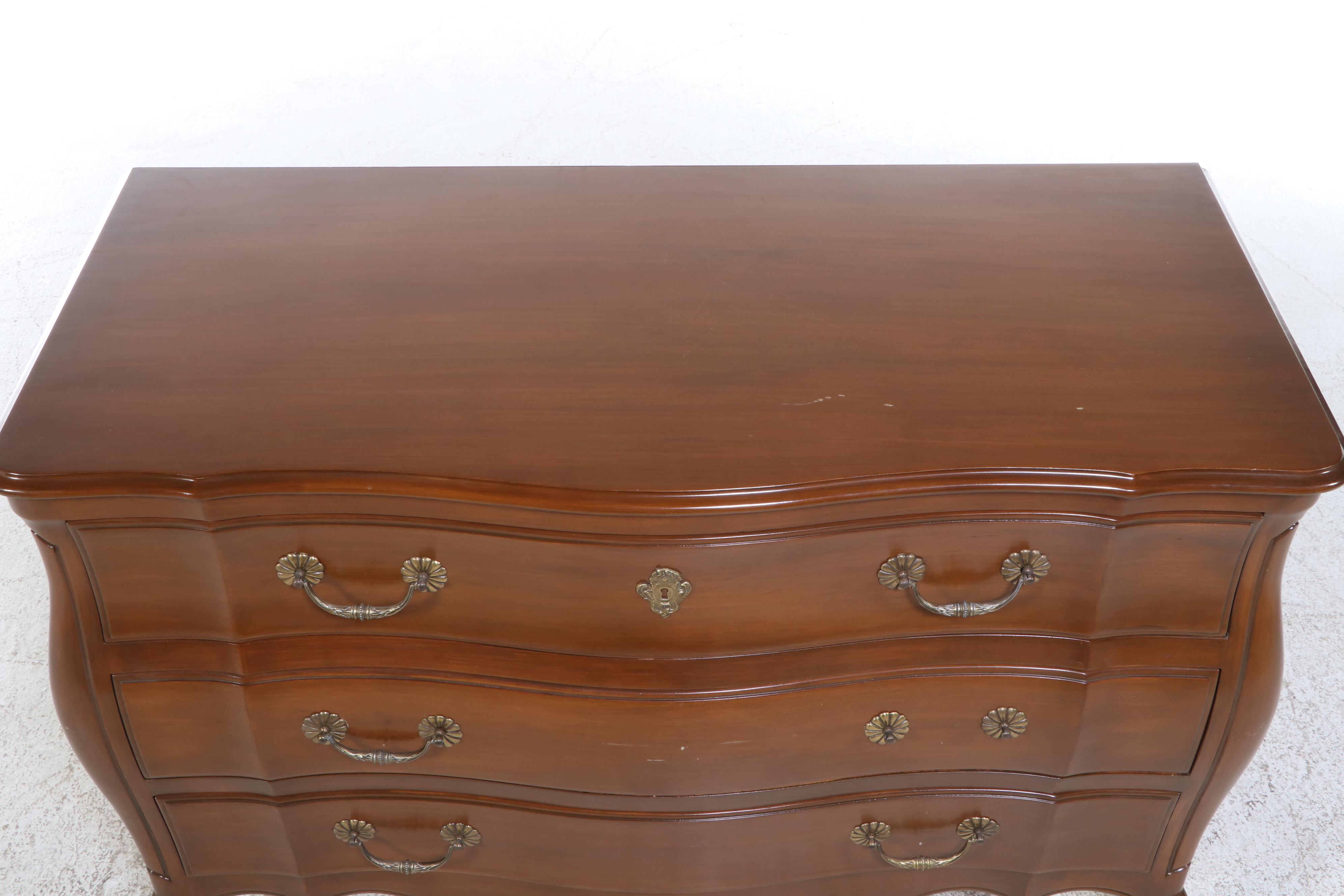 Louis XV Style Walnut-Stained Three-Drawer Bombé Commode, 20th Century