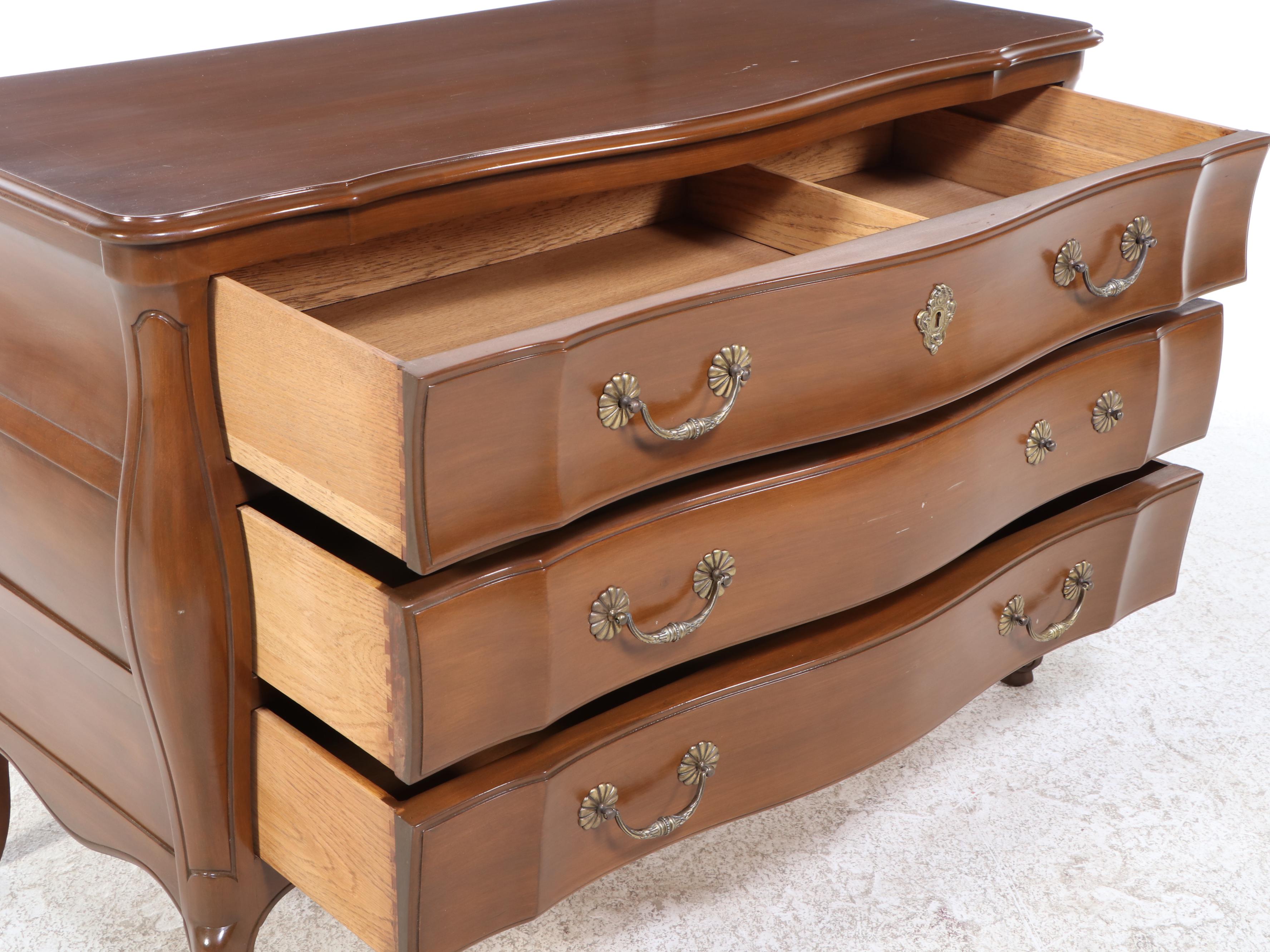 Louis XV Style Walnut-Stained Three-Drawer Bombé Commode, 20th Century