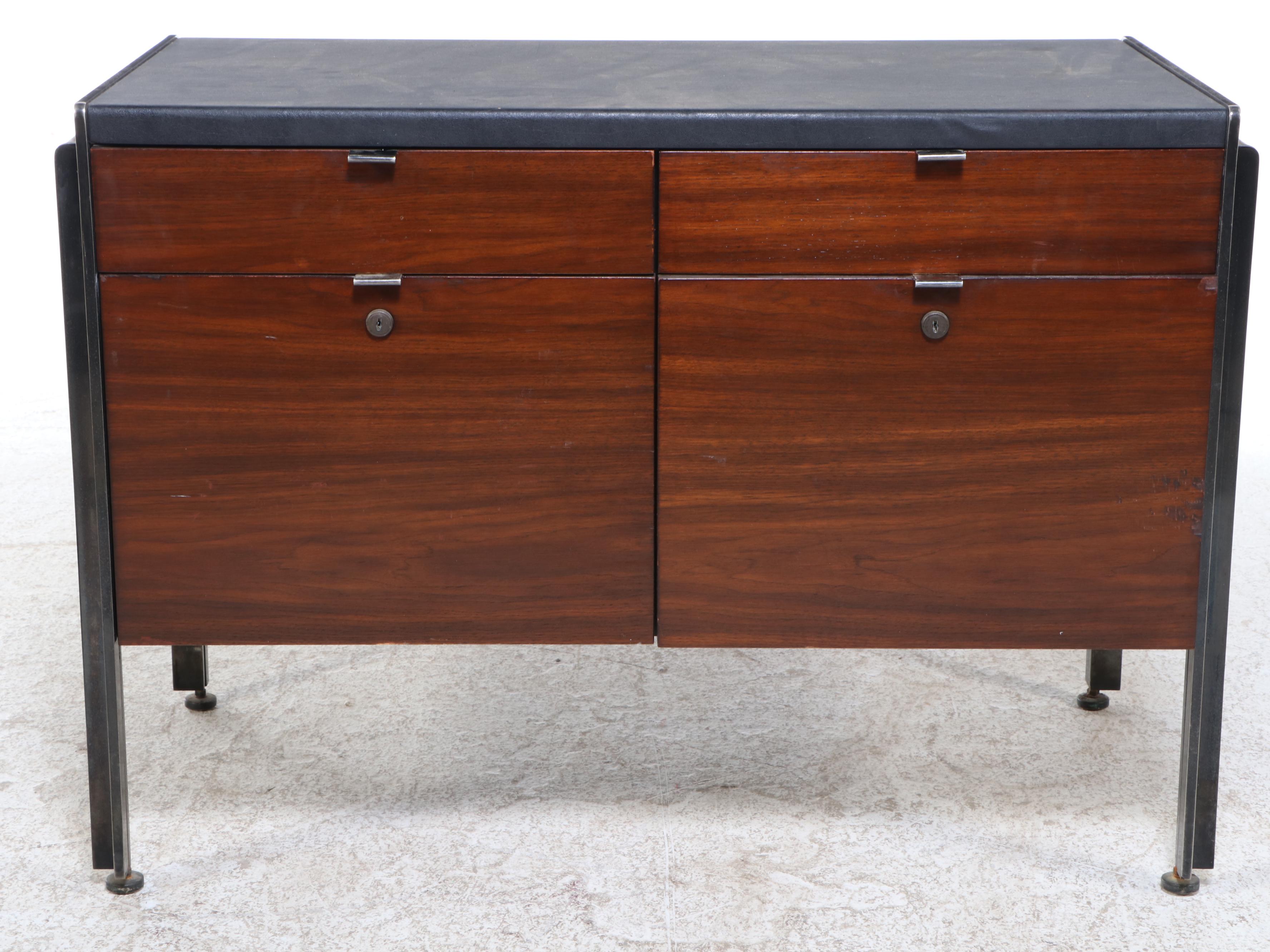 Mid Century Modern Walnut and Metal Office Cabinet, Mid-20th Century