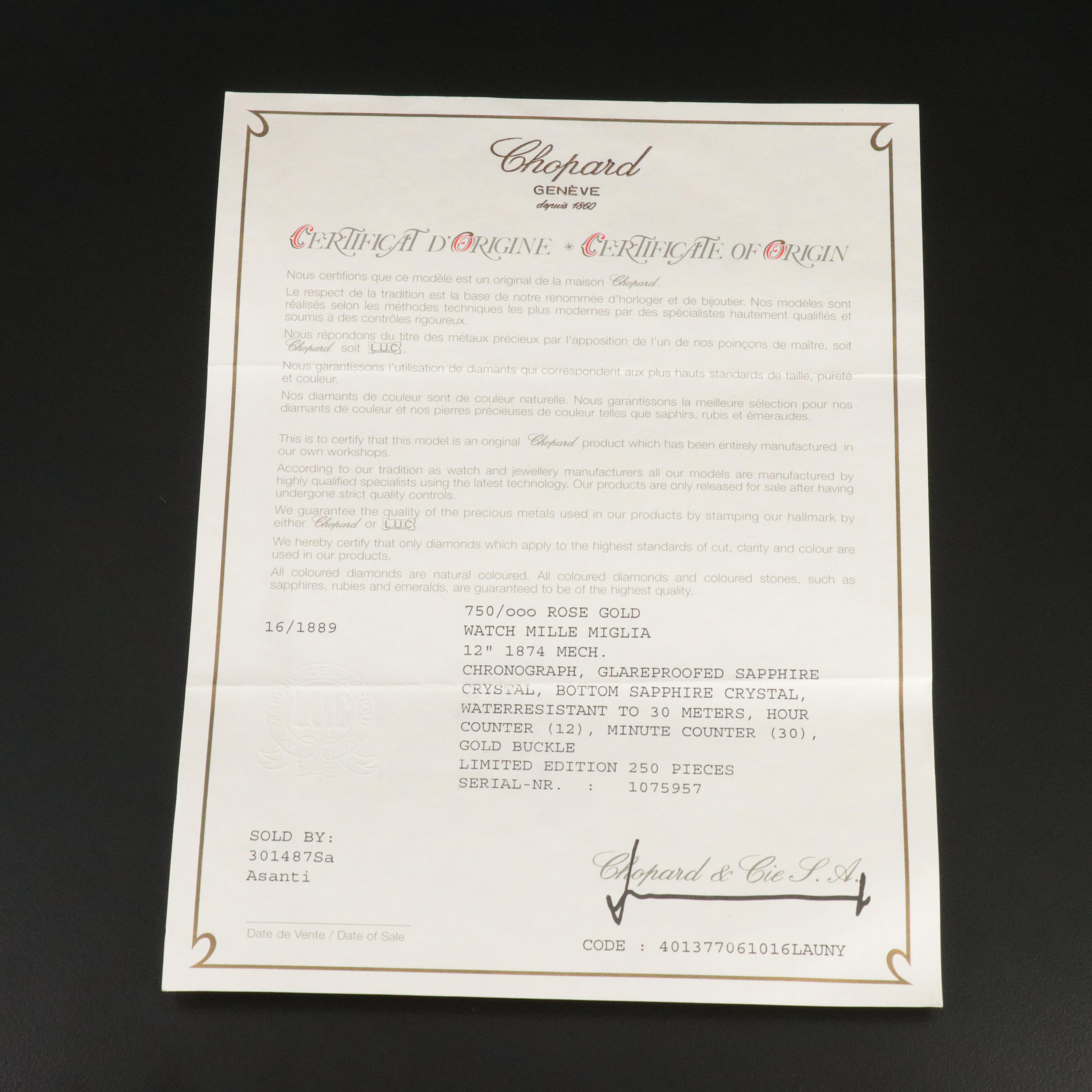 Chopard Mille Milglia Vintage Limited Edition 16/1889 18K Gold Watch