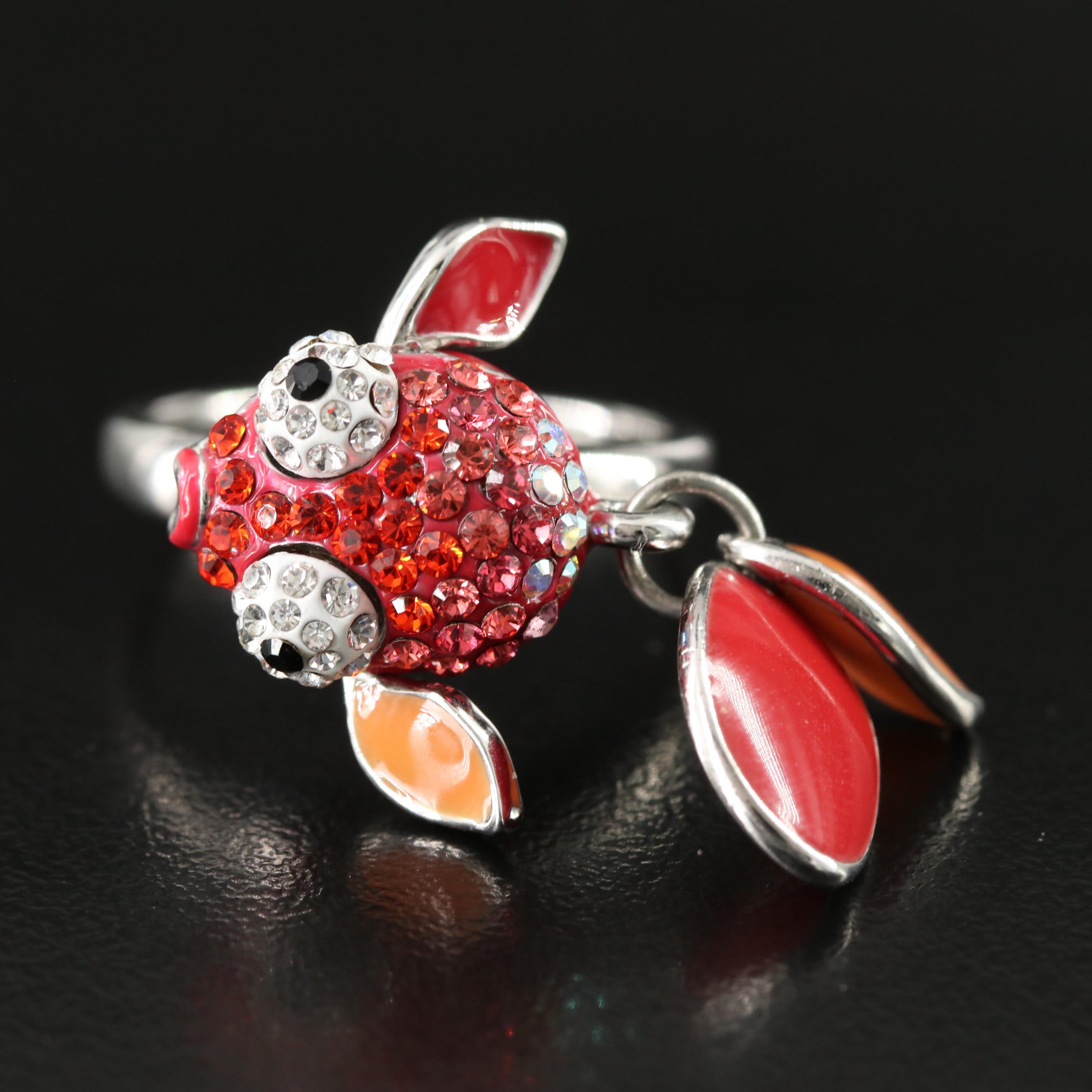 Rhinestone and Enamel Articulated Goldfish Ring