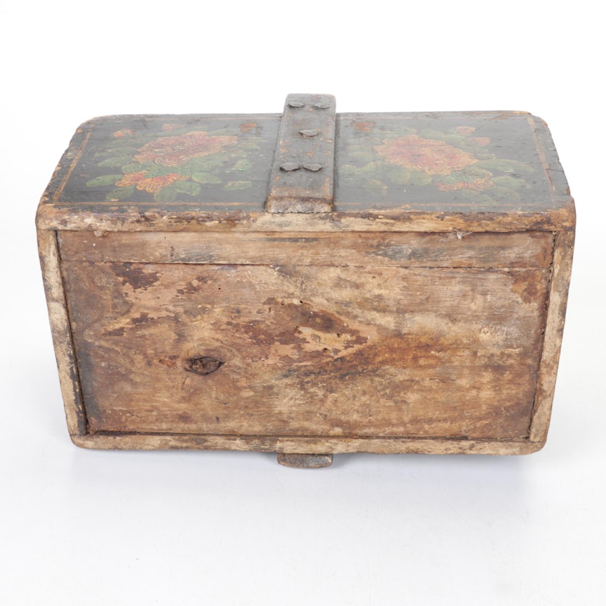 Primitive Floral Hand-Painted Wooden Rice Box with Handle | EBTH