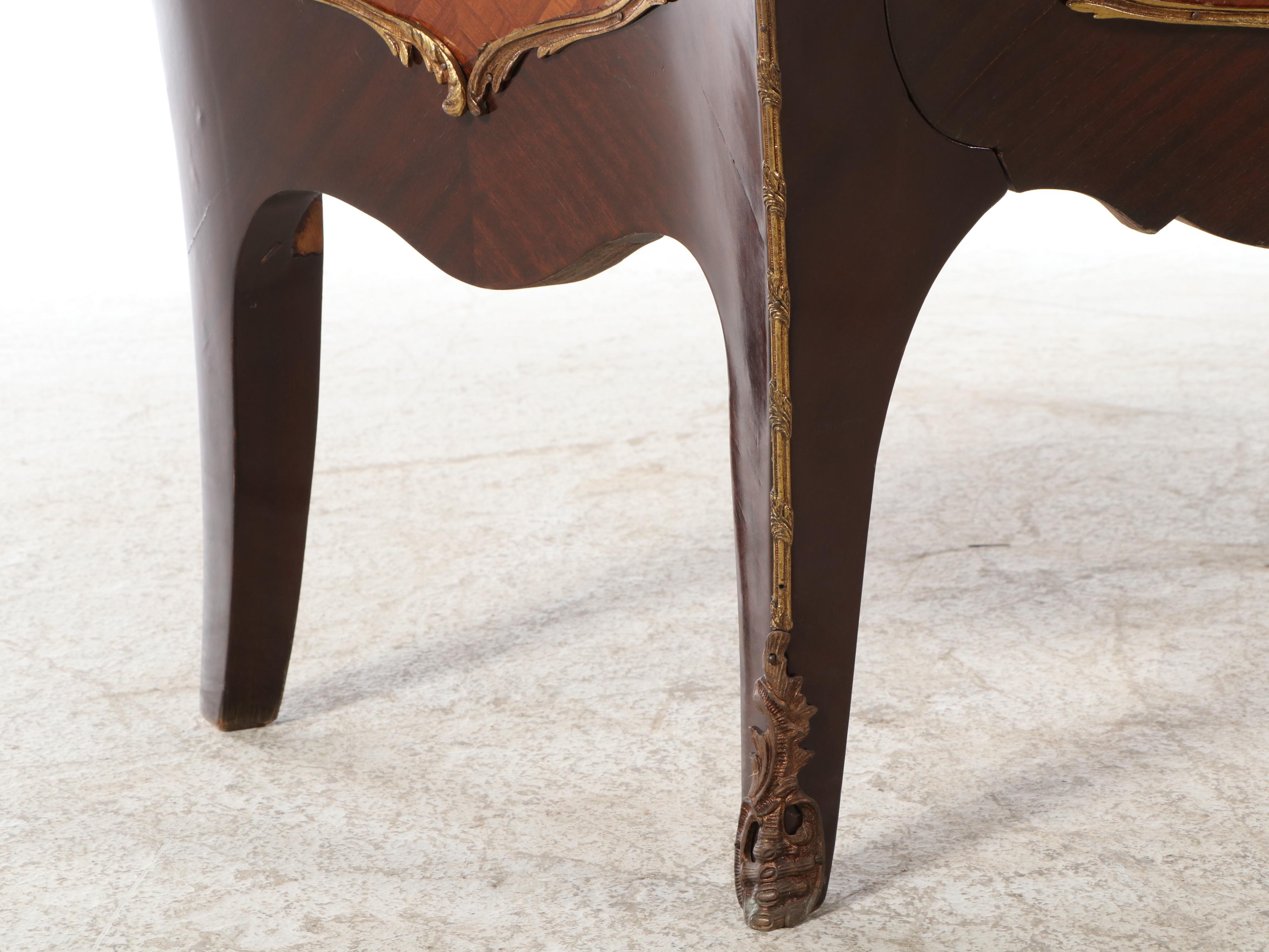 Louis XIV Style Ormolu Mounted Mixed Wood Parquetry Inlaid Marble Top Commode