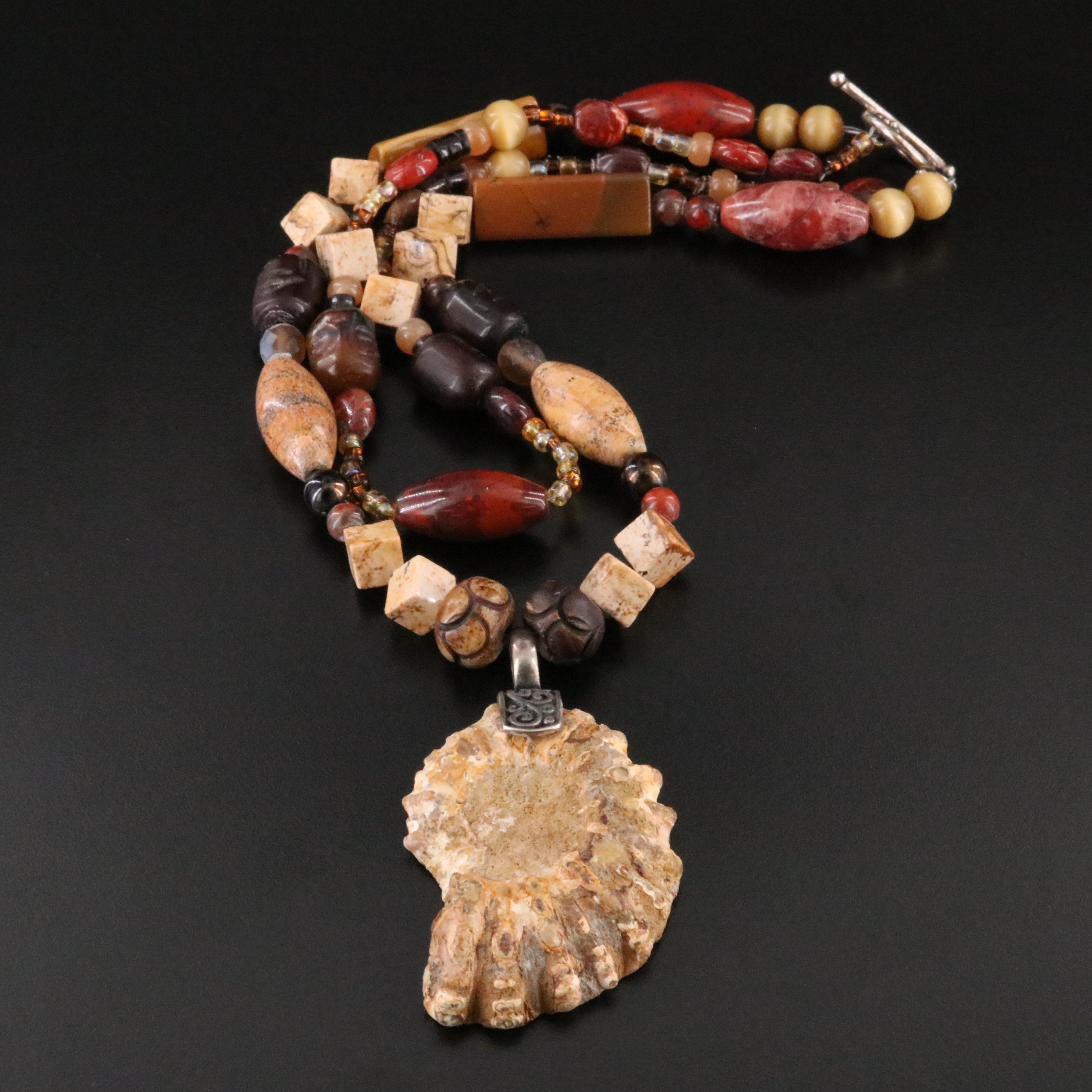 Sterling Jasper, Horn and Ammonite Pendant Necklace