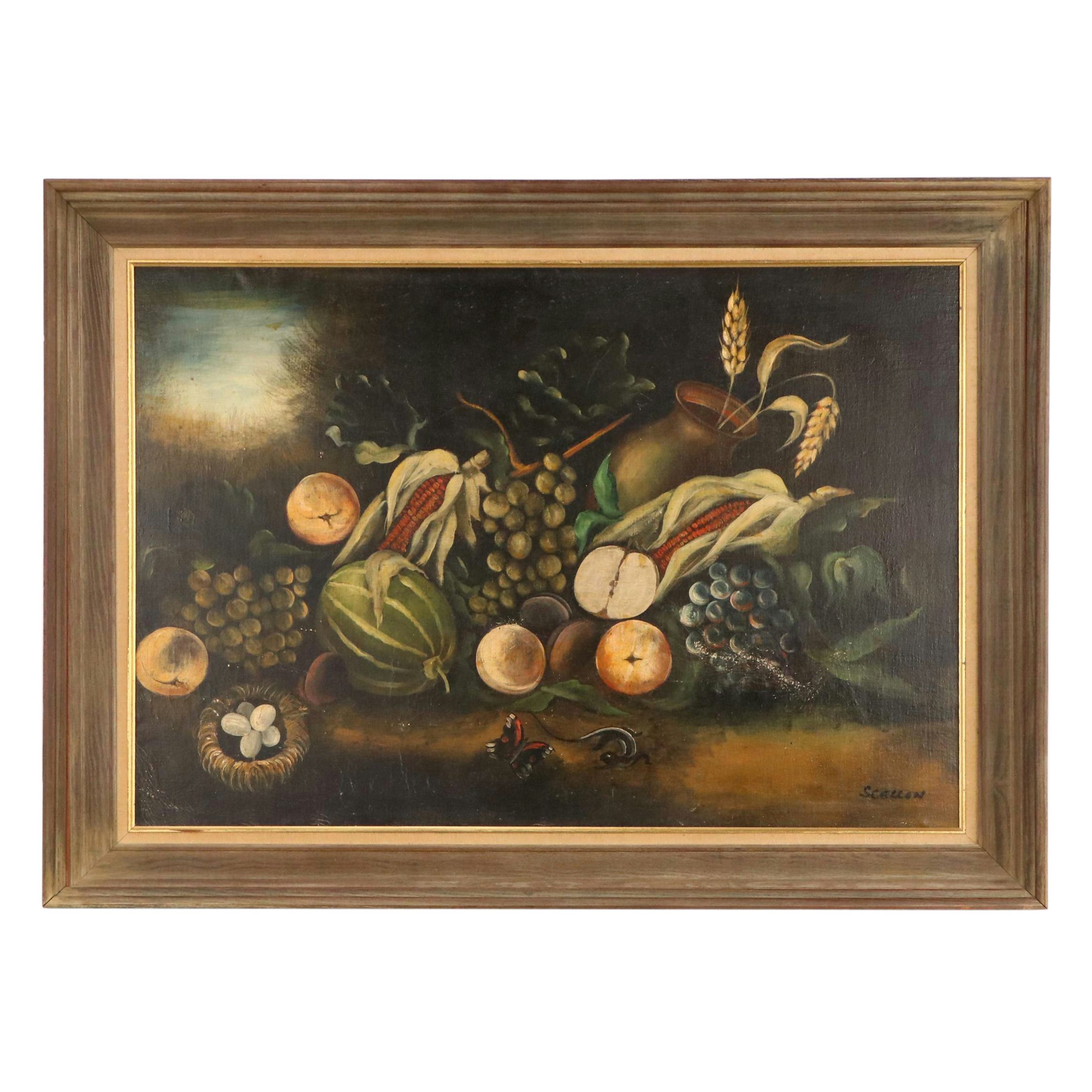 Oil Painting Still Life with Grapes and Corn, Early 20th Century