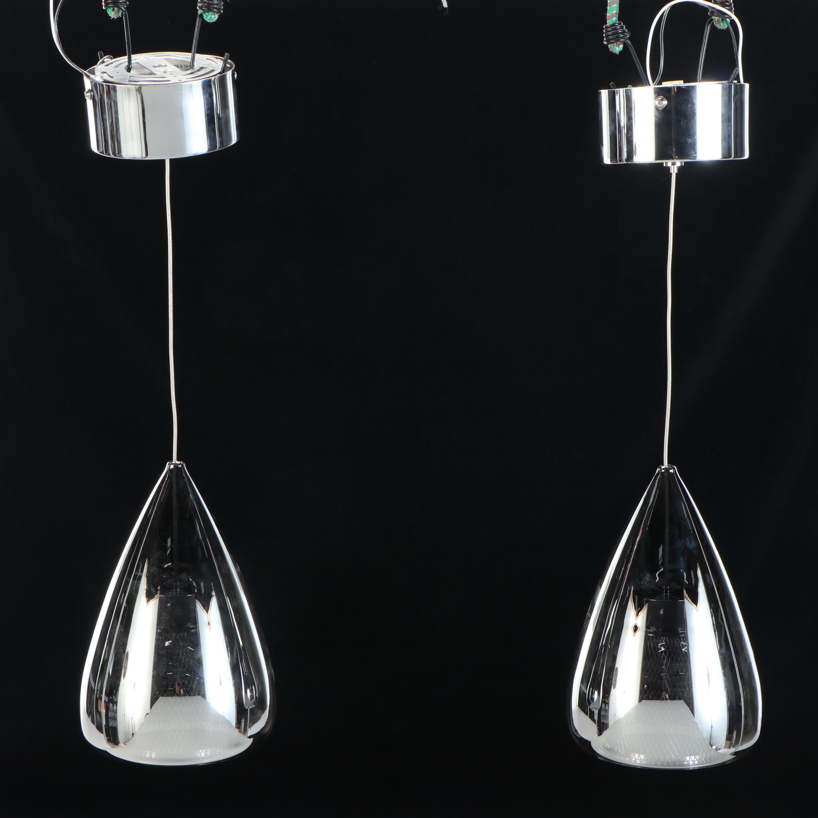 Pair of Chrome  Finish Glass Teardrop and Mesh LED Pendant Lights