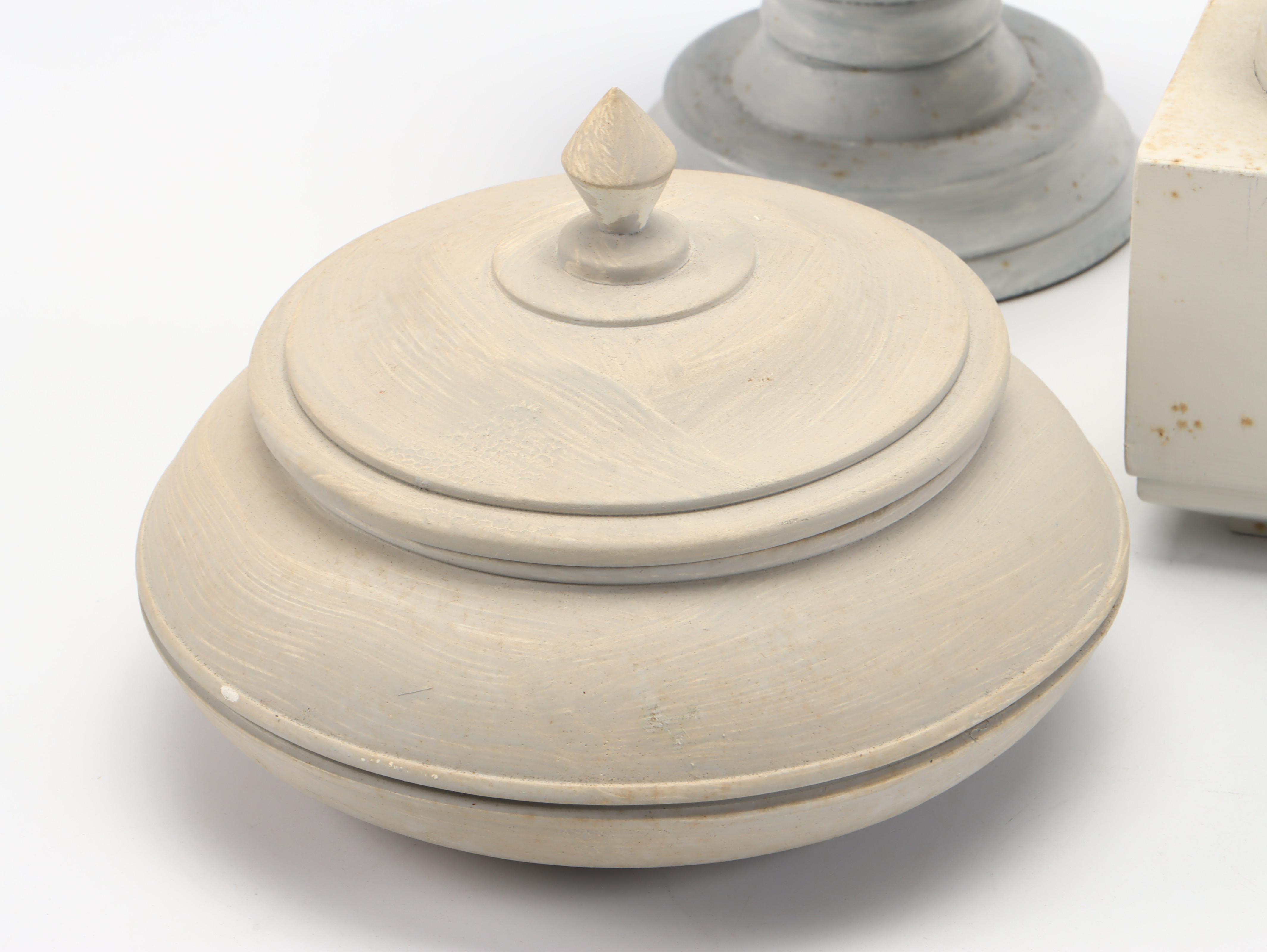 Wooden Banister Finials and End Caps with Wall Hangings and Ceramic Lidded Jars