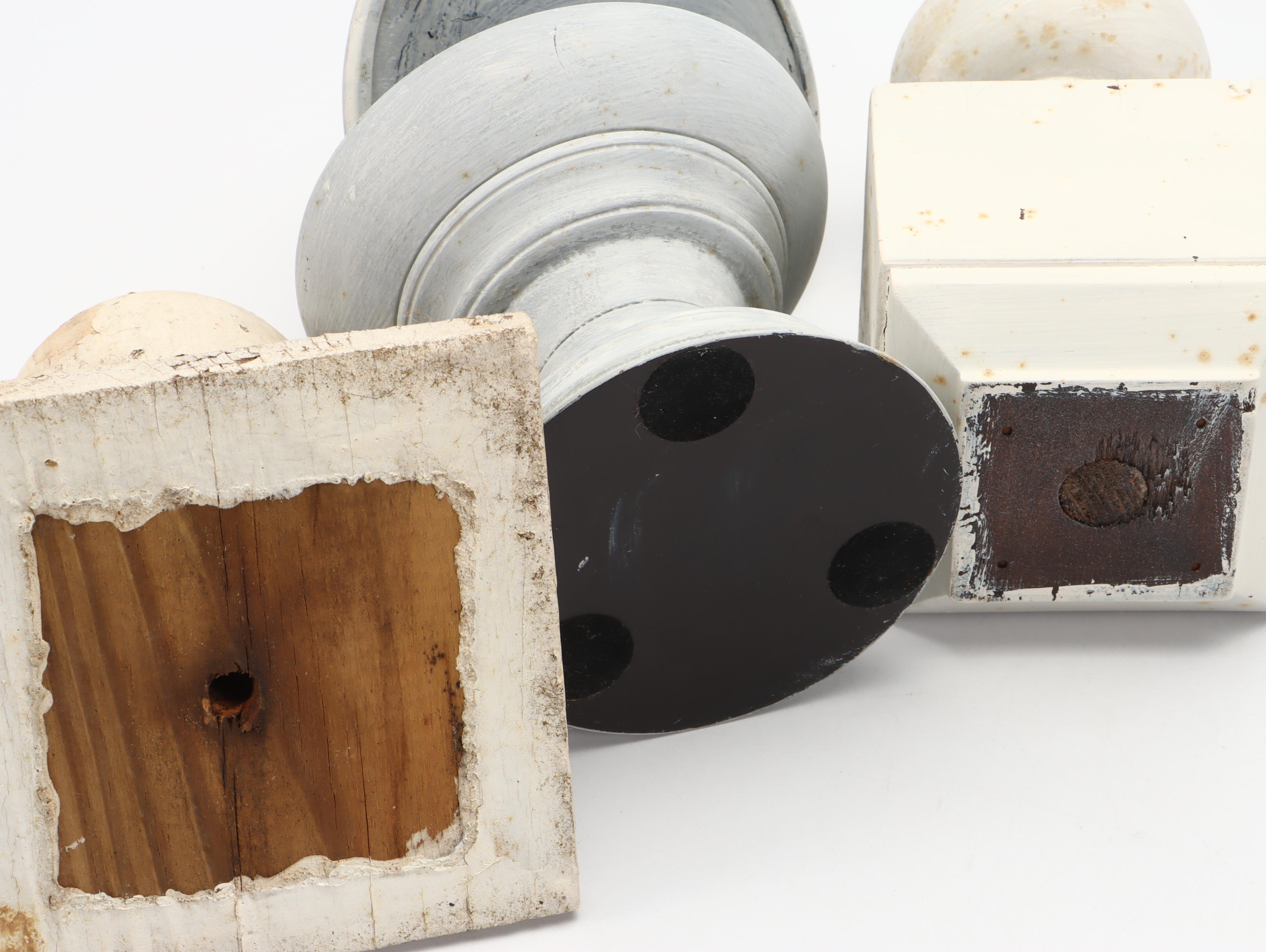 Wooden Banister Finials and End Caps with Wall Hangings and Ceramic Lidded Jars