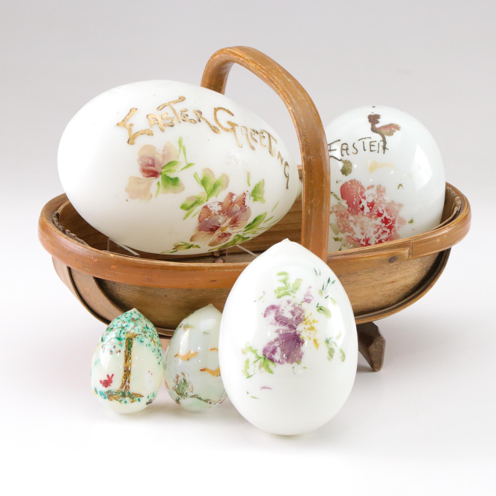 Victorian Milk Glass Hand-Painted Easter Eggs in Basket, Late 19th/Early 20th