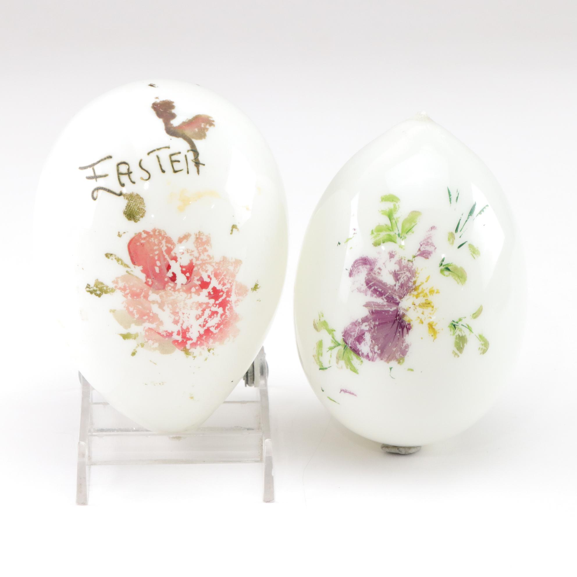 Victorian Milk Glass Hand-Painted Easter Eggs in Basket, Late 19th/Early 20th