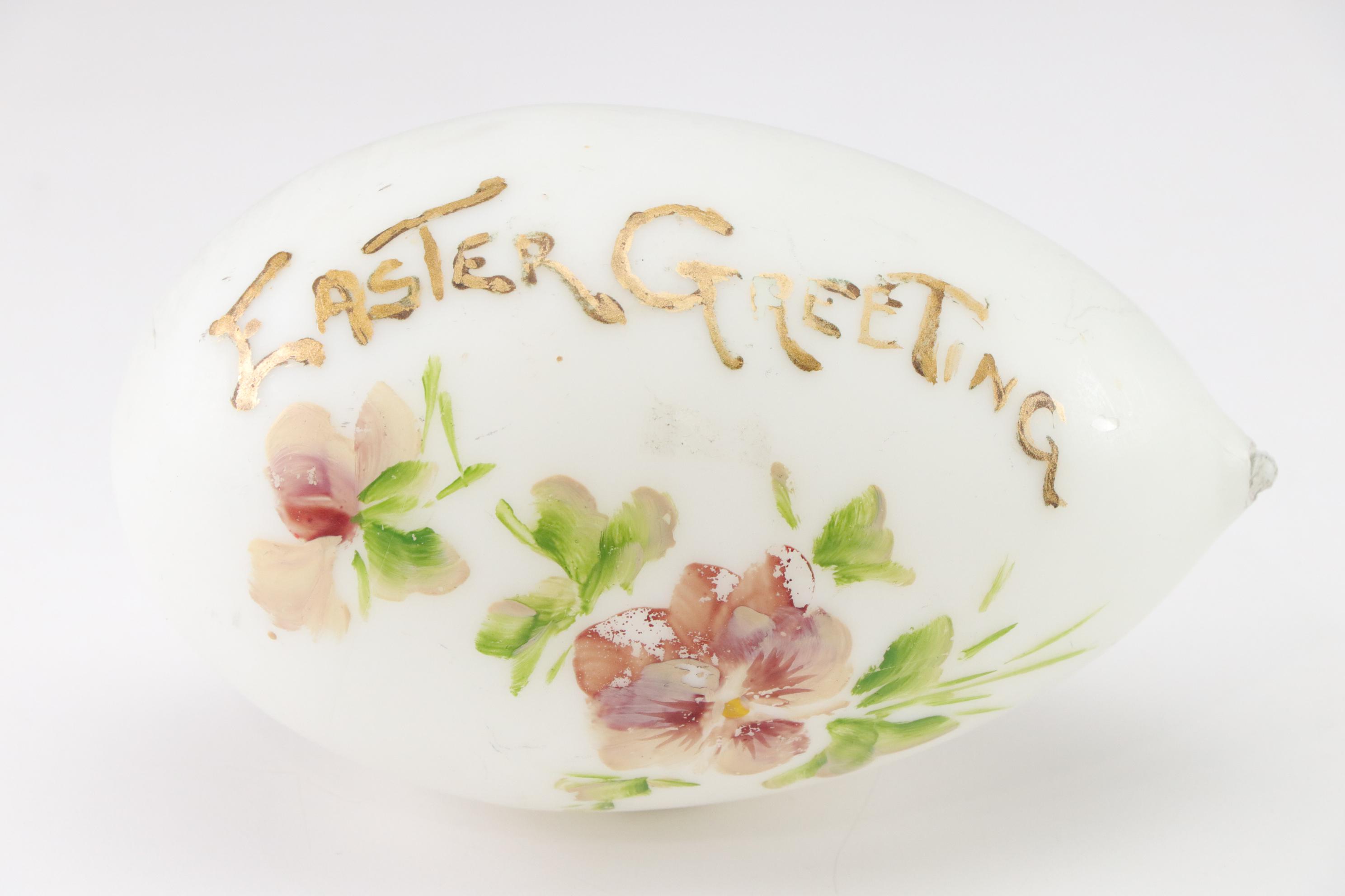 Victorian Milk Glass Hand-Painted Easter Eggs in Basket, Late 19th/Early 20th