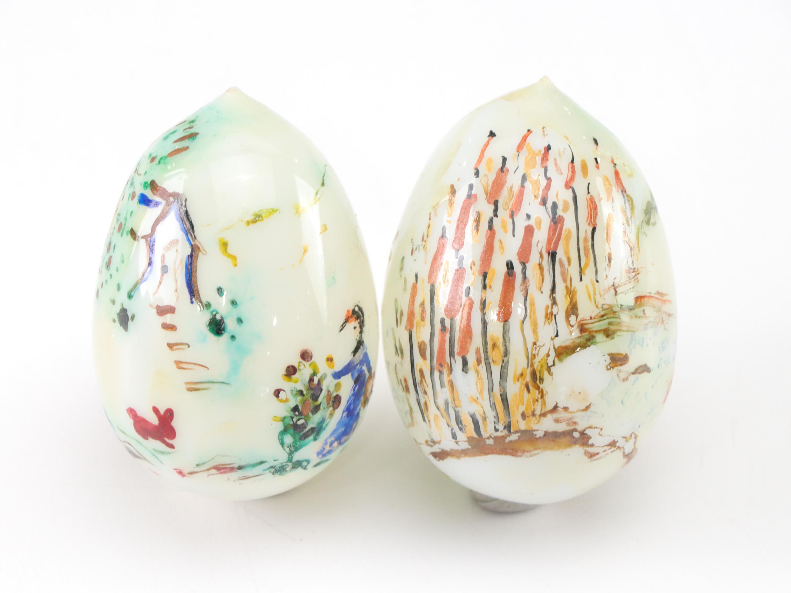 Victorian Milk Glass Hand-Painted Easter Eggs in Basket, Late 19th/Early 20th