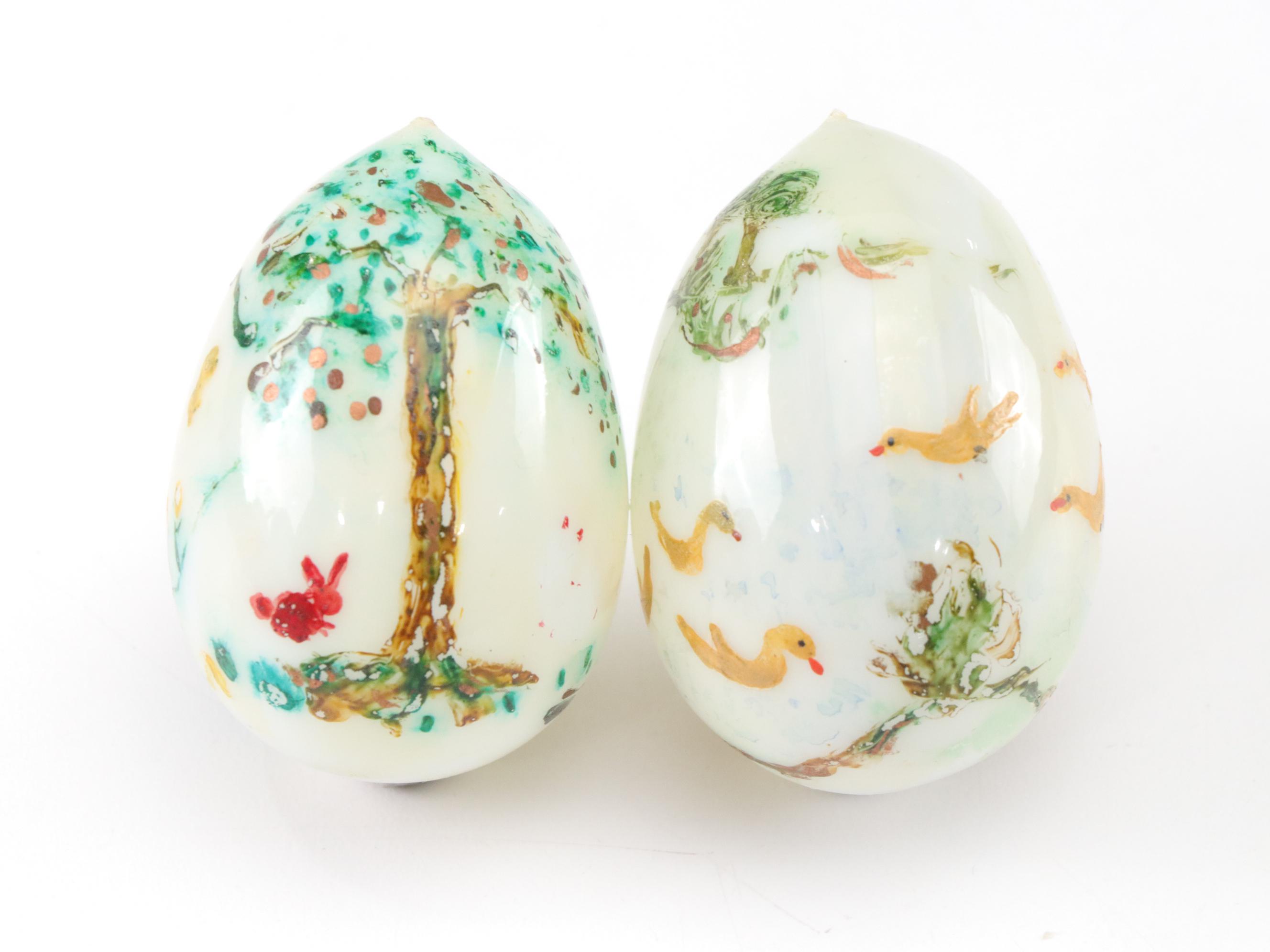 Victorian Milk Glass Hand-Painted Easter Eggs in Basket, Late 19th/Early 20th
