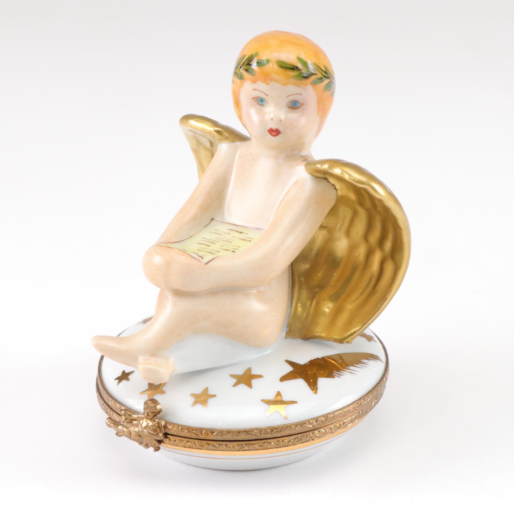 Limoges Hand-Painted Shooting Star Angel Porcelain Compact Trinket Box