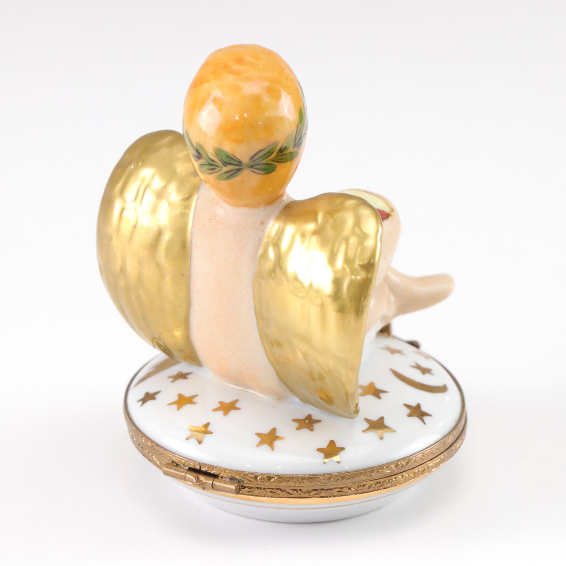 Limoges Hand-Painted Shooting Star Angel Porcelain Compact Trinket Box