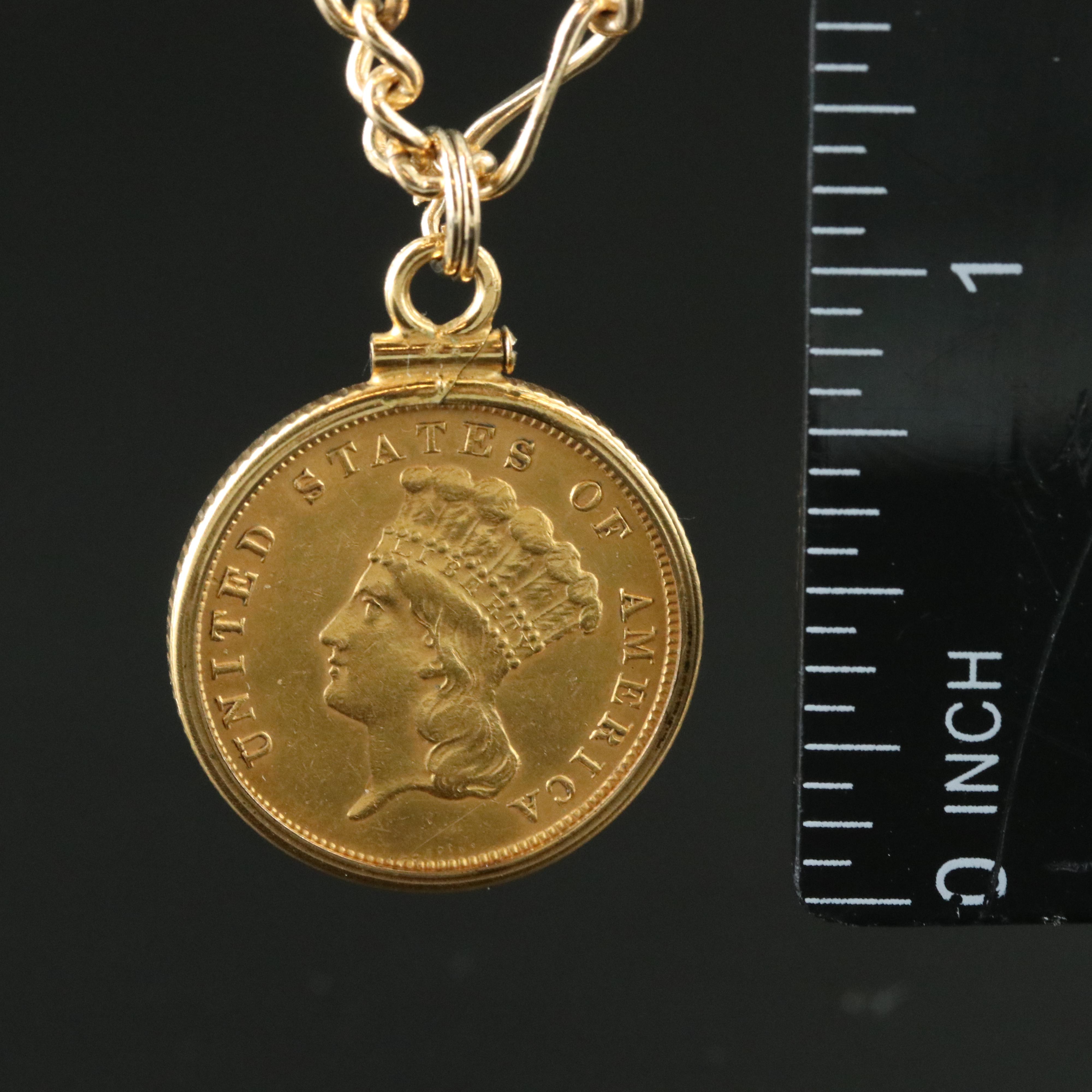 Gold-Filled Necklace with 1882 Indian Princess Head $3 Gold Coin
